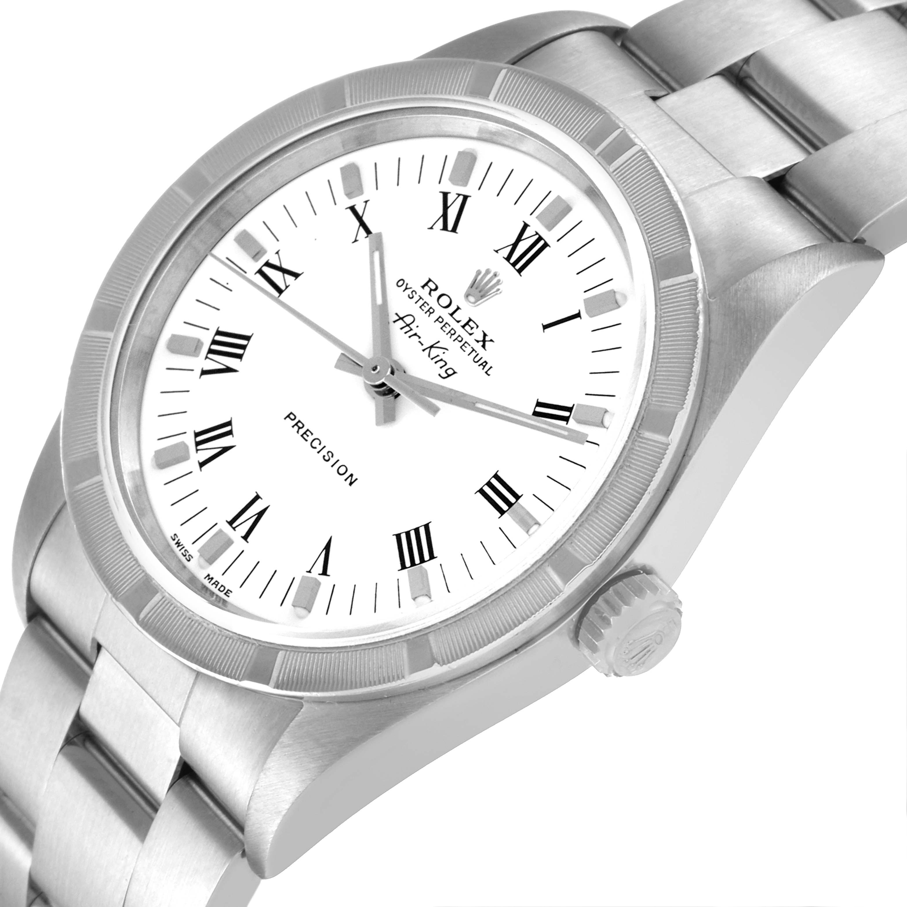 The image shows a close-up angle of the Rolex Air-King 14010 Men's Stainless Steel White Dial 14010 Men's Stainless Steel White Dial watch, highlighting the dial, bezel, and part of the bracelet.