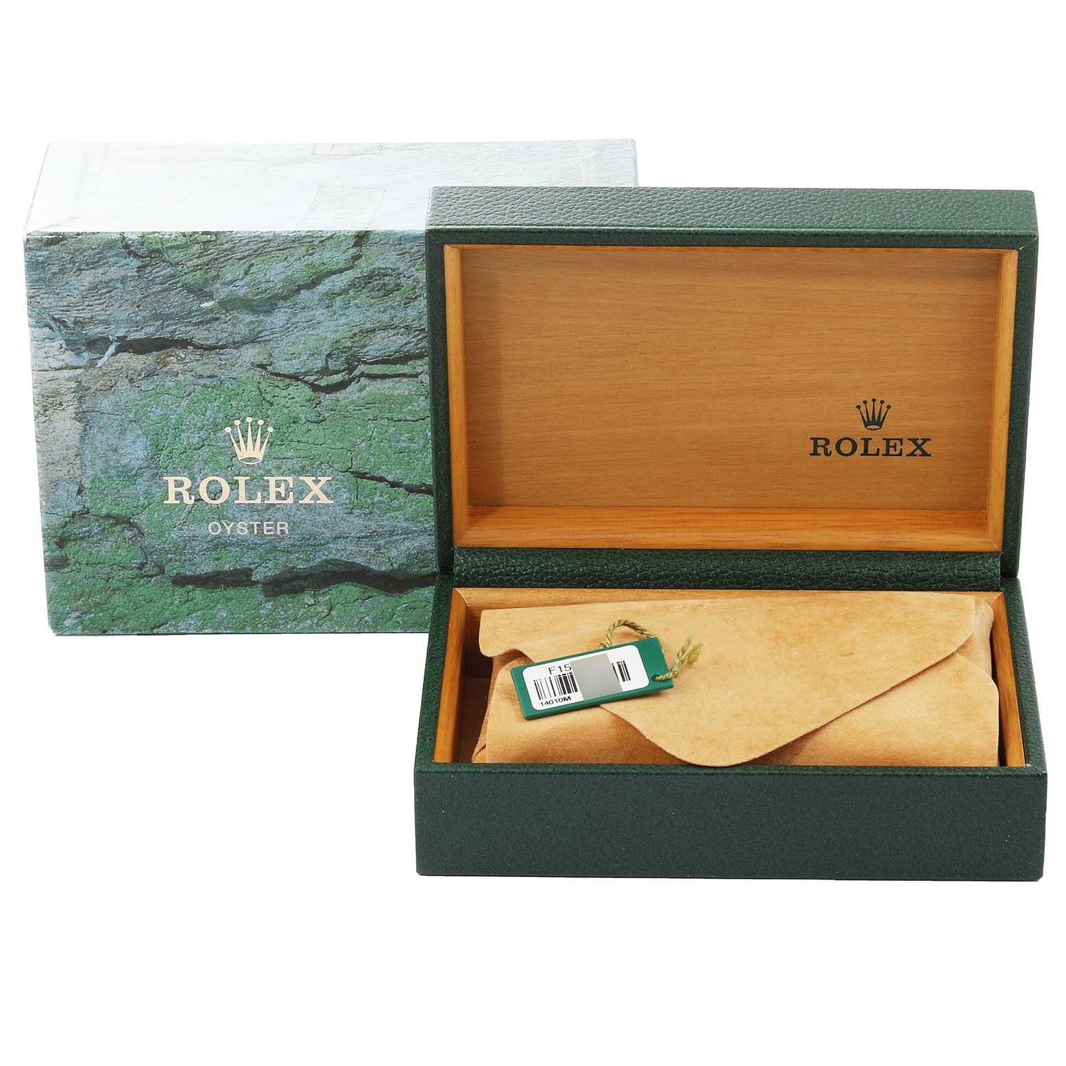 The image shows a Rolex Air-King 14010 Men's Stainless Steel White Dial 14010 Men's Stainless Steel White Dial watch box, including the outer box and an open inner box with a suede protective cover inside.