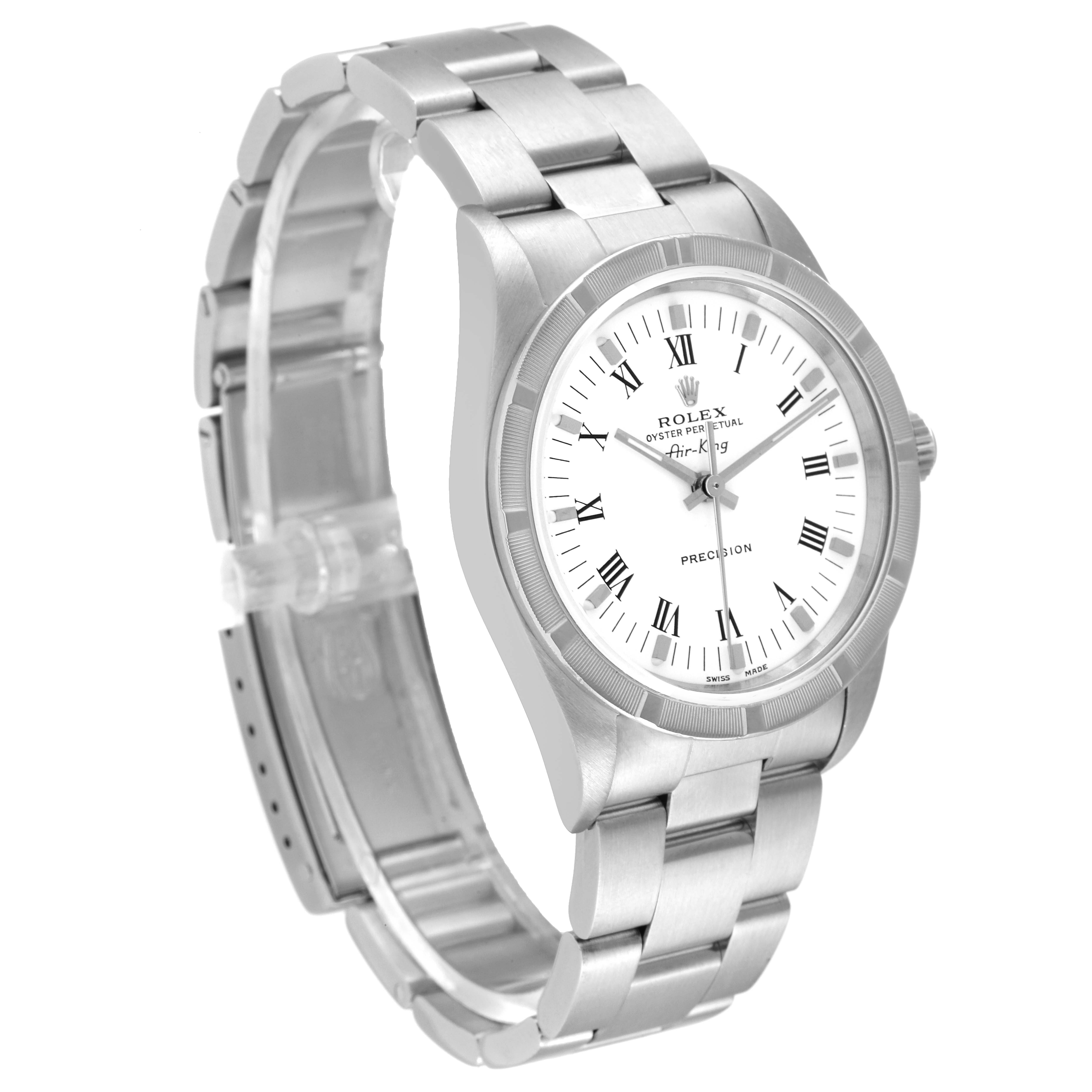 This Rolex Air-King 14010 Men's Stainless Steel White Dial 14010 Men's Stainless Steel White Dial watch is shown at a three-quarter angle, highlighting the face, bezel, and bracelet.