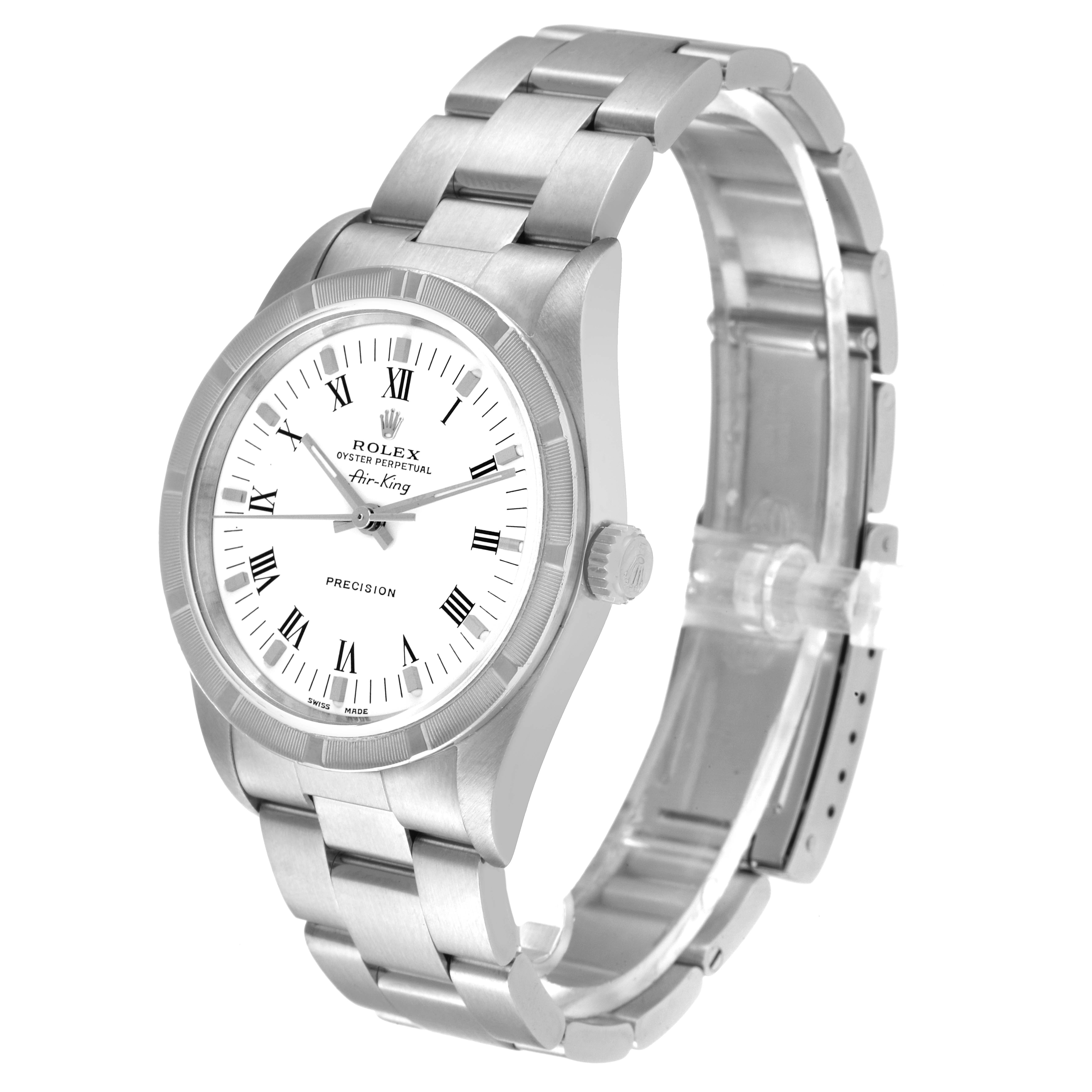 The Rolex Air-King 14010 Men's Stainless Steel White Dial 14010 Men's Stainless Steel White Dial watch is shown at a three-quarter angle, displaying its face, strap, and crown.