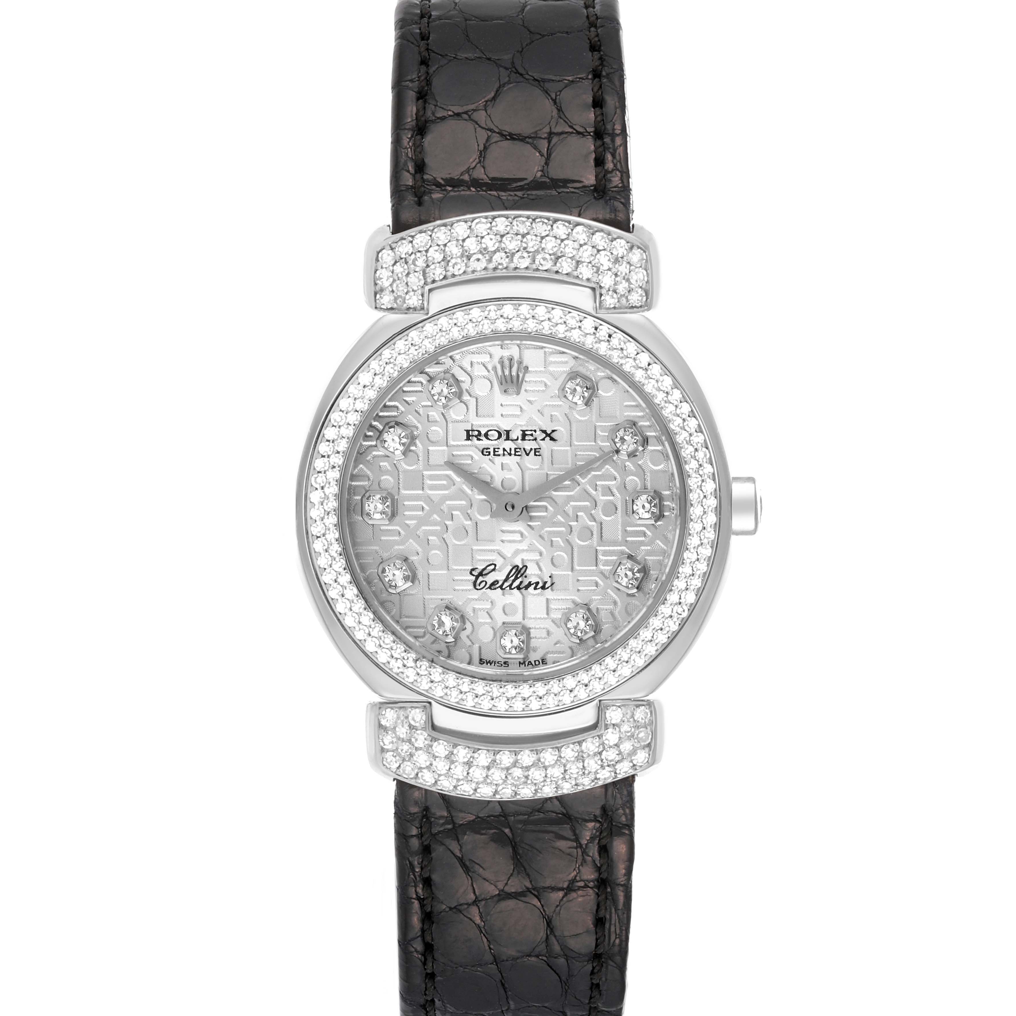 The image shows a Rolex Cellini 6673 Women's White Gold Silver Dial 6673 Women's White Gold Silver Dial watch from a frontal angle, highlighting the face, bezel, strap, and crown.
