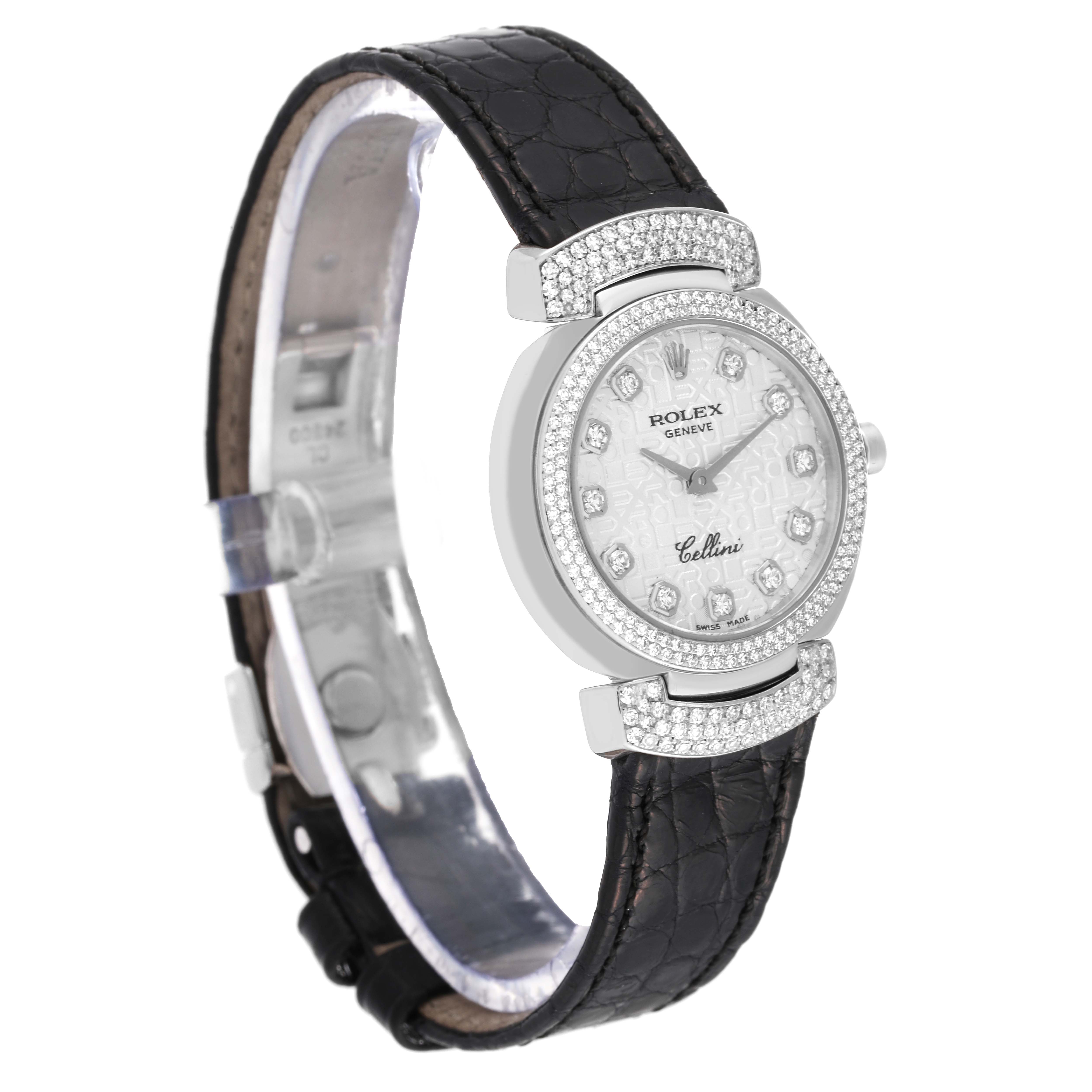 This image shows a Rolex Cellini 6673 Women's White Gold Silver Dial 6673 Women's White Gold Silver Dial watch at a slight side angle, highlighting its diamond-studded bezel and black leather strap.