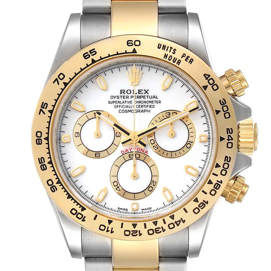 The Rolex Daytona watch is shown from a front angle, highlighting the gold bezel, white dial, and chronograph sub-dials.