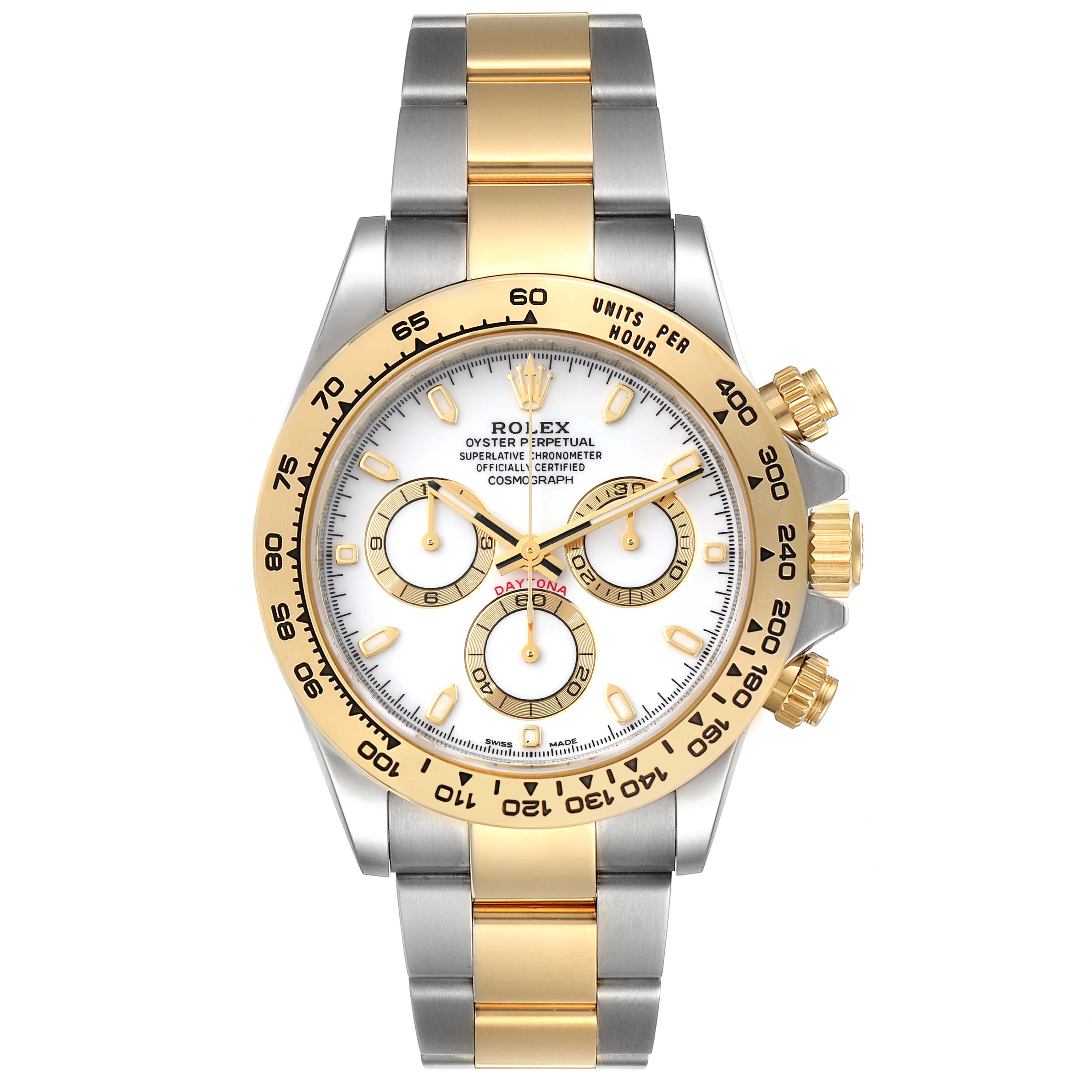 The Rolex Daytona 116503 Men's Steel and Gold (two tone) White Dial 116503 Men's Steel and Gold (two tone) White Dial watch is shown from a frontal angle, highlighting the bezel, dial, and bracelet.