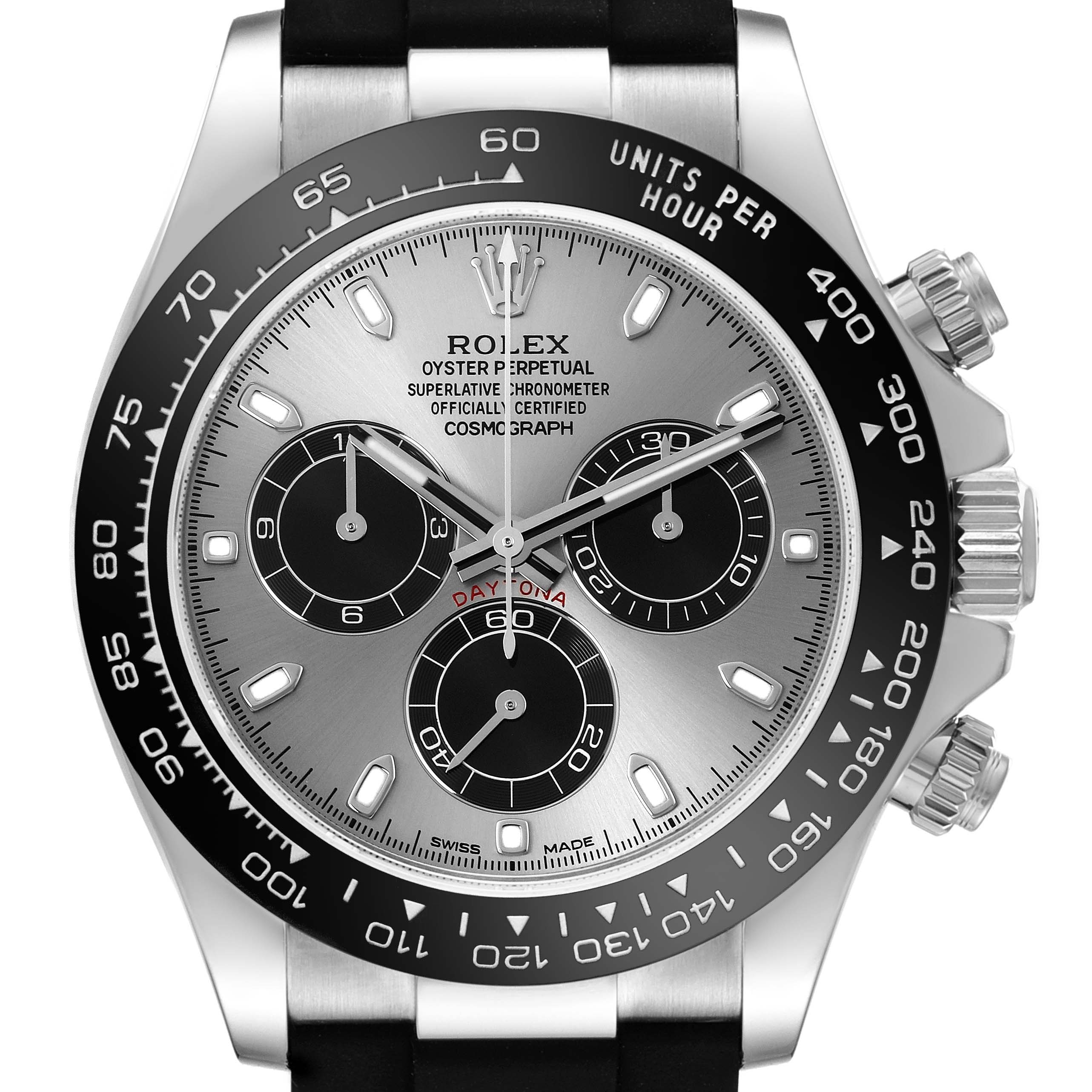 The Rolex Daytona 116519 Men's White Gold Grey Dial 116519 Men's White Gold Grey Dial watch is shown from the front, displaying the dial, bezel, and crown.