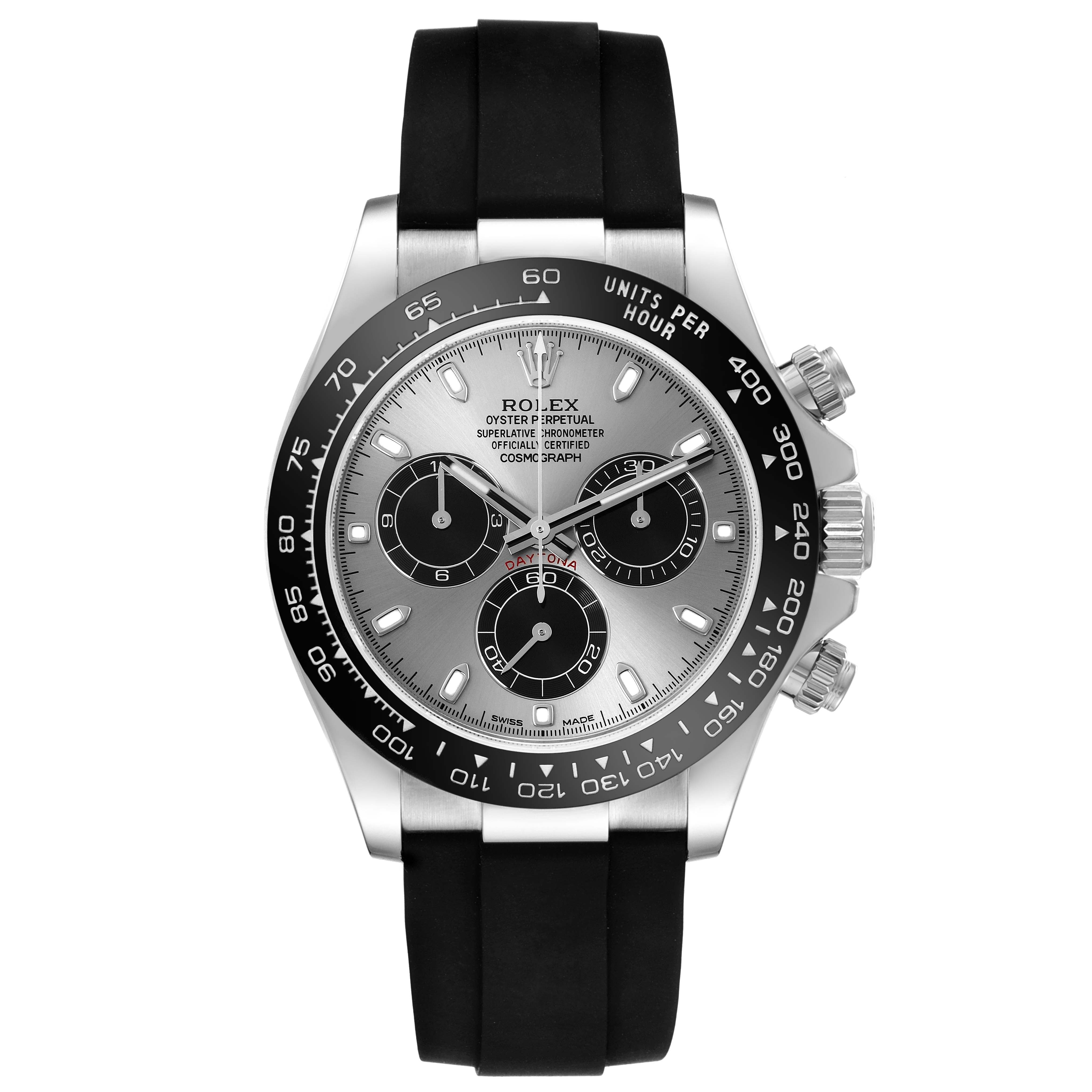 The Rolex Daytona 116519 Men's White Gold Grey Dial 116519 Men's White Gold Grey Dial watch is shown from the front, displaying its bezel, dial, and chronograph sub-dials.