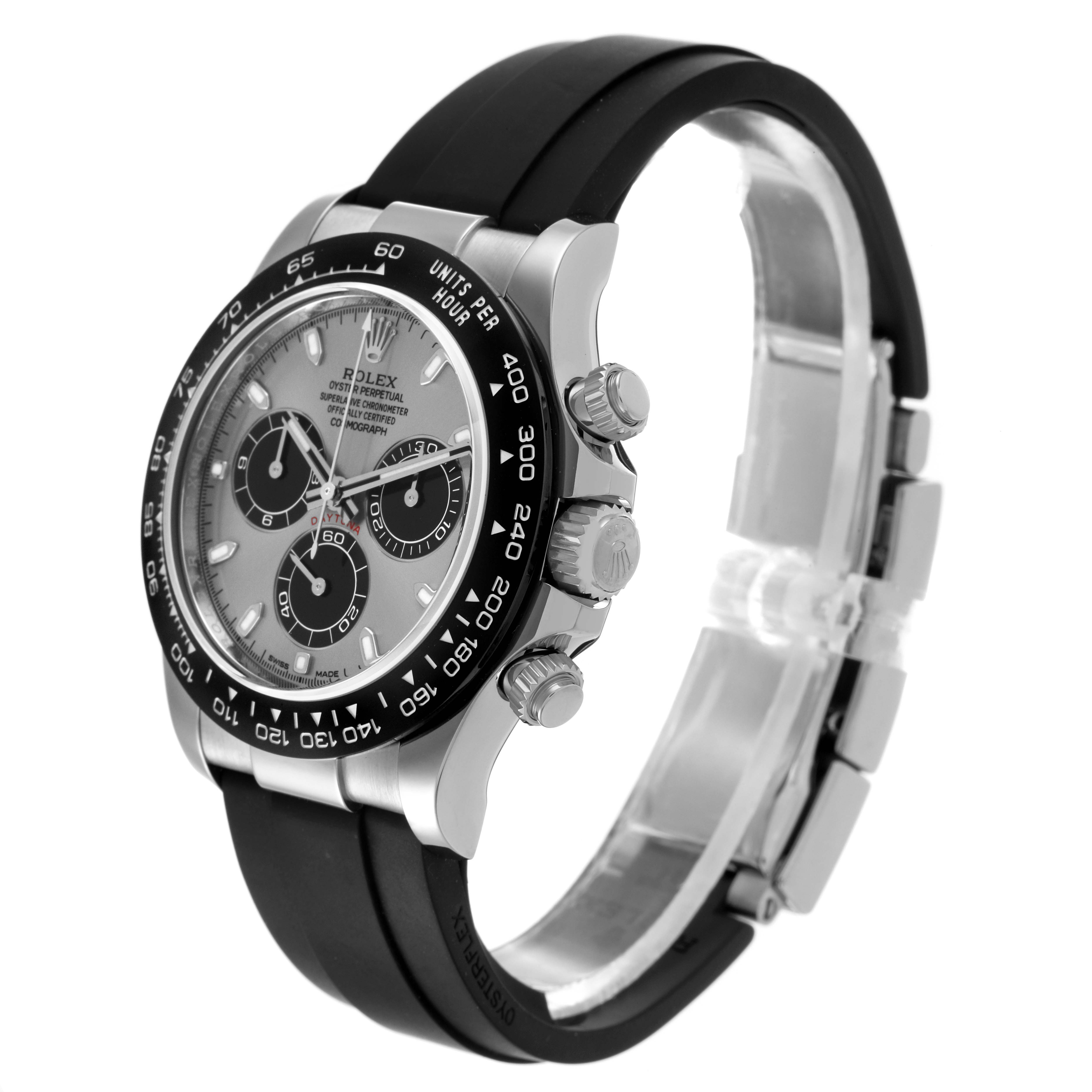 The Rolex Daytona 116519 Men's White Gold Grey Dial 116519 Men's White Gold Grey Dial watch is shown from a front-side angle, highlighting the dial, bezel, and strap.