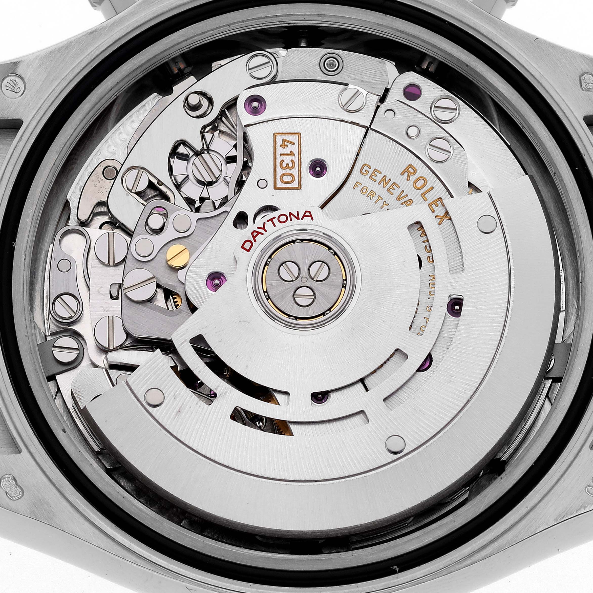 The image shows a close-up of the Rolex Daytona 116519 Men's White Gold Grey Dial 116519 Men's White Gold Grey Dial's movement, highlighting its intricate mechanical components and rotor.