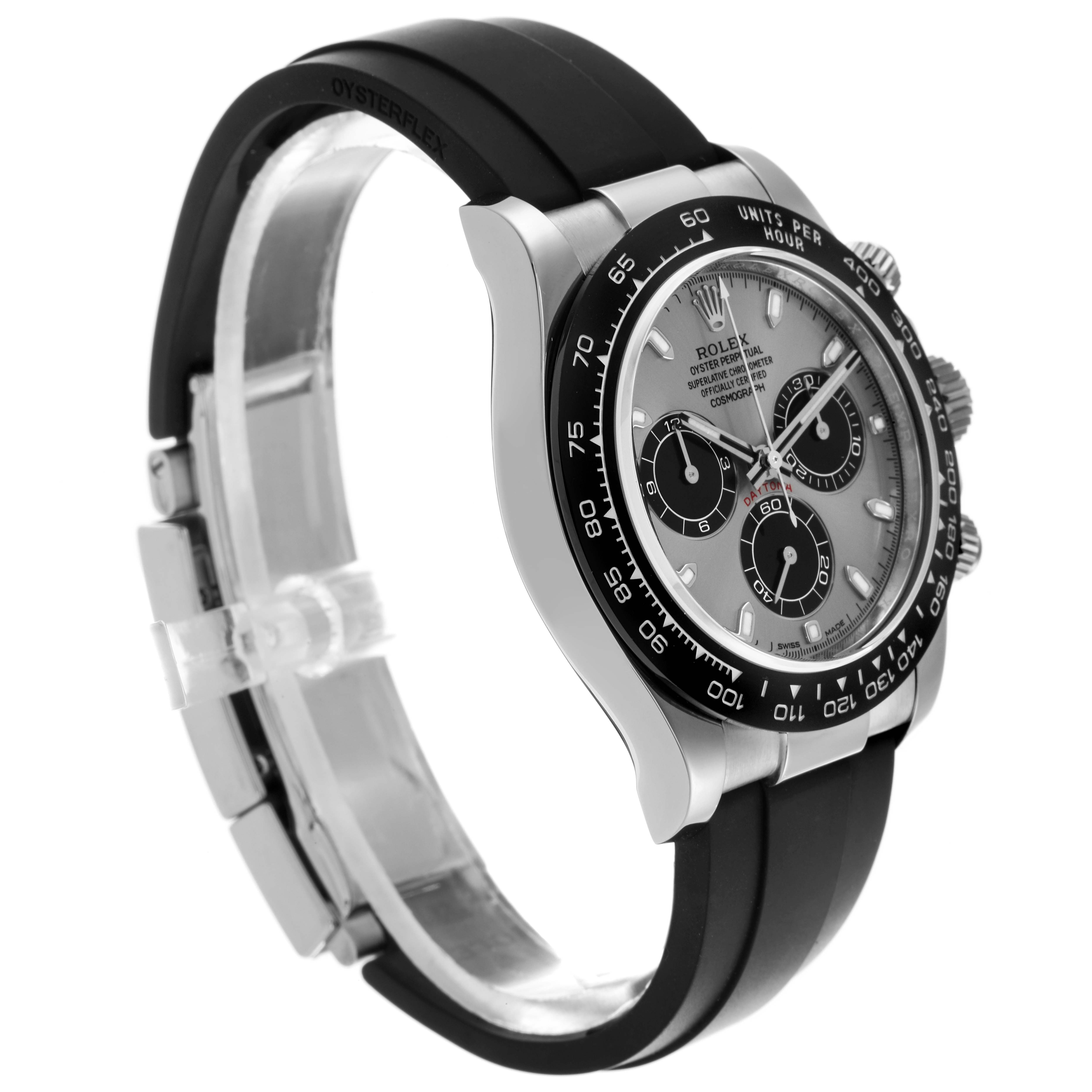 This image shows a side angle of the Rolex Daytona 116519 Men's White Gold Grey Dial 116519 Men's White Gold Grey Dial watch, highlighting the face, bezel, and rubber strap with Oysterflex branding.