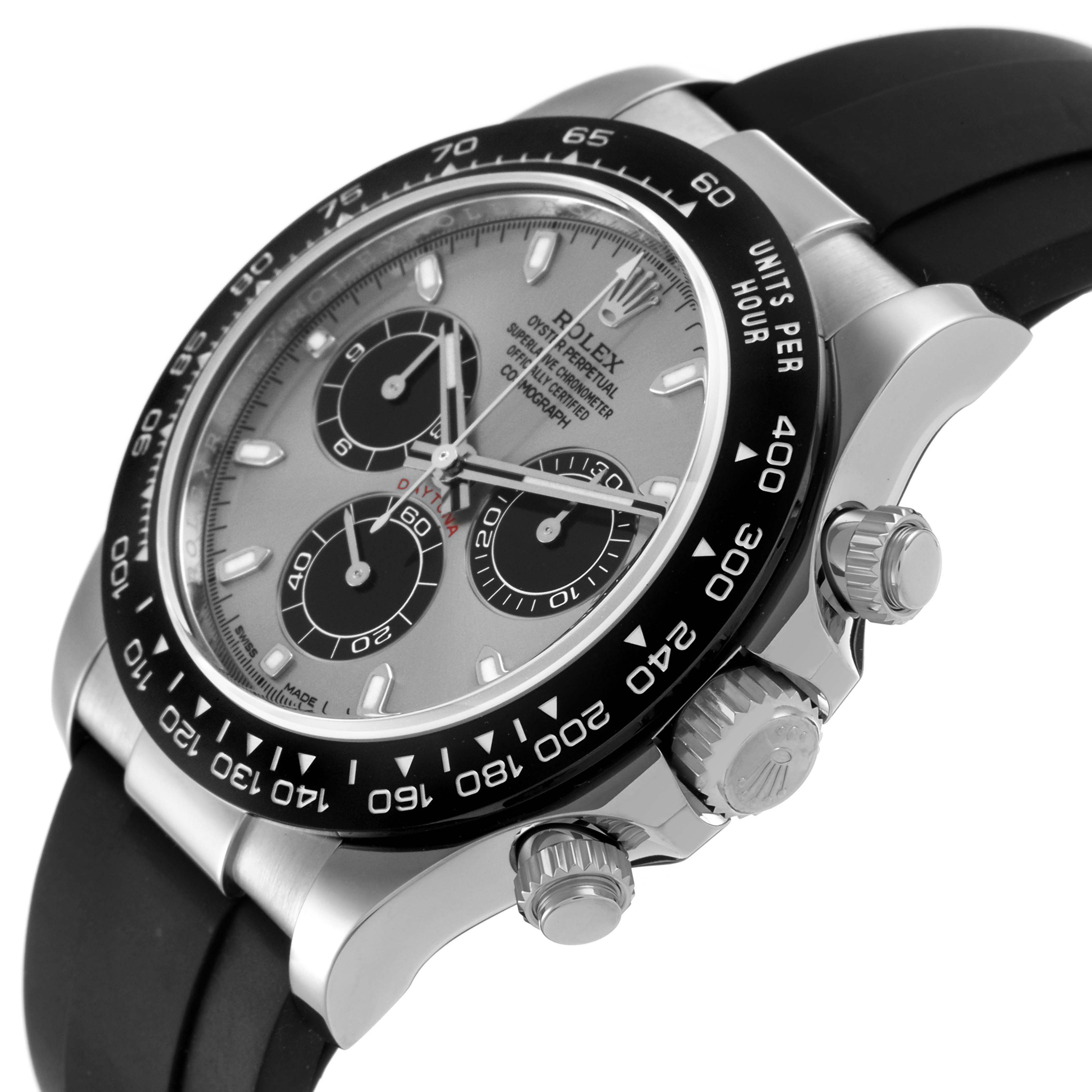 The Rolex Daytona 116519 Men's White Gold Grey Dial 116519 Men's White Gold Grey Dial watch is shown at a side angle, highlighting the face, bezel, pushers, and crown.