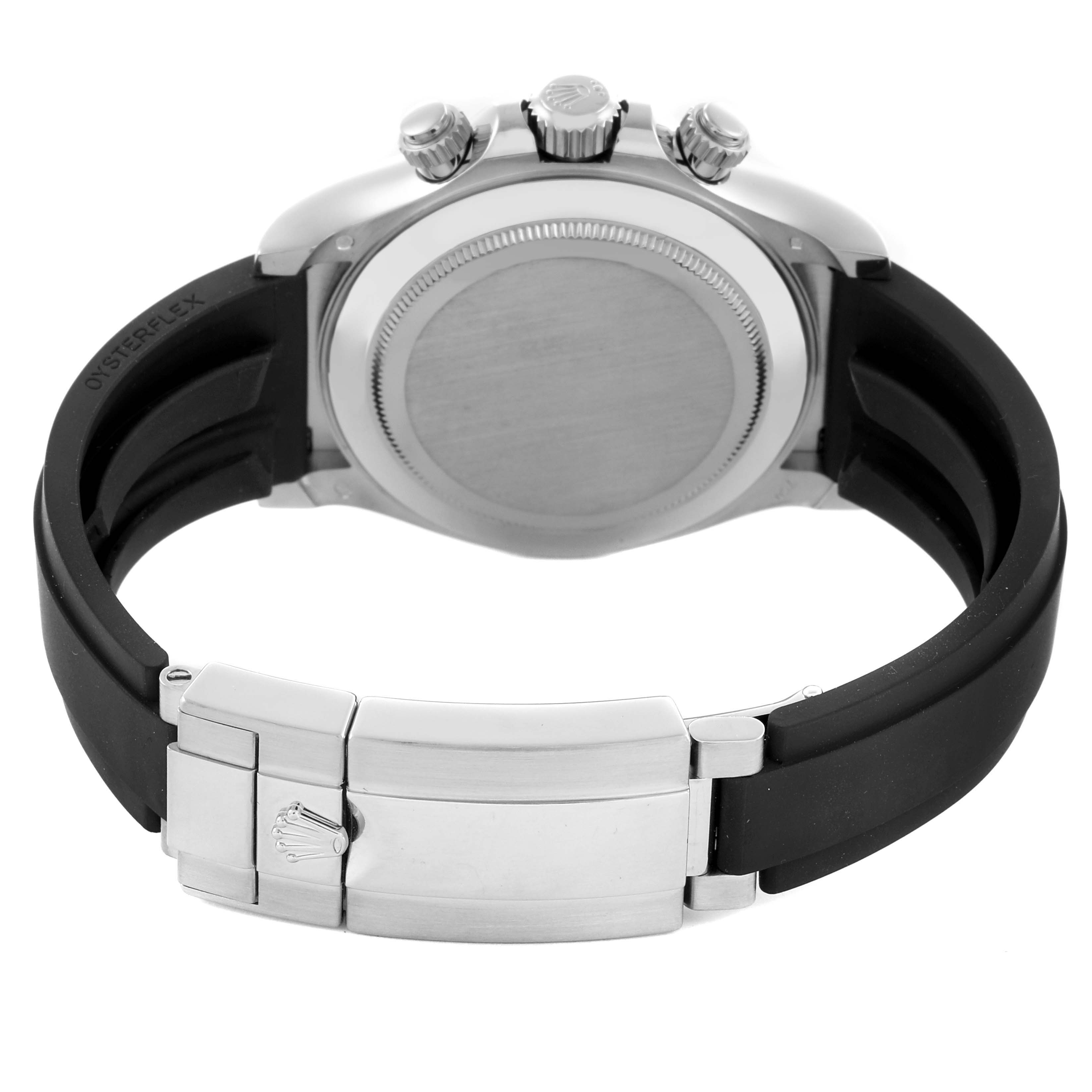 The image shows the back case and clasp of a Rolex Daytona 116519 Men's White Gold Grey Dial 116519 Men's White Gold Grey Dial with an Oysterflex strap.