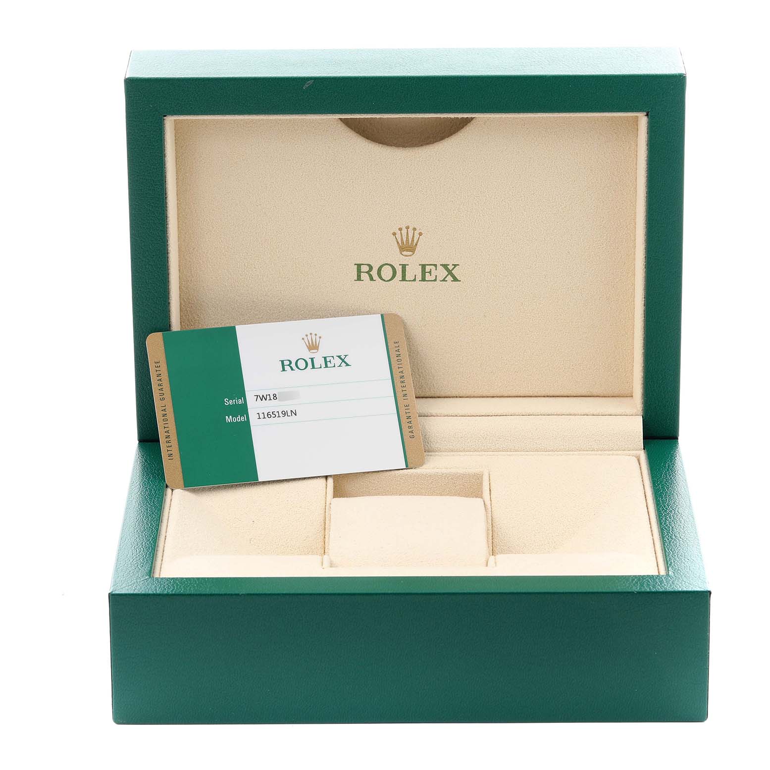 This image shows a Rolex Daytona 116519 Men's White Gold Grey Dial 116519 Men's White Gold Grey Dial watch box at an open angle with a guarantee card inside.