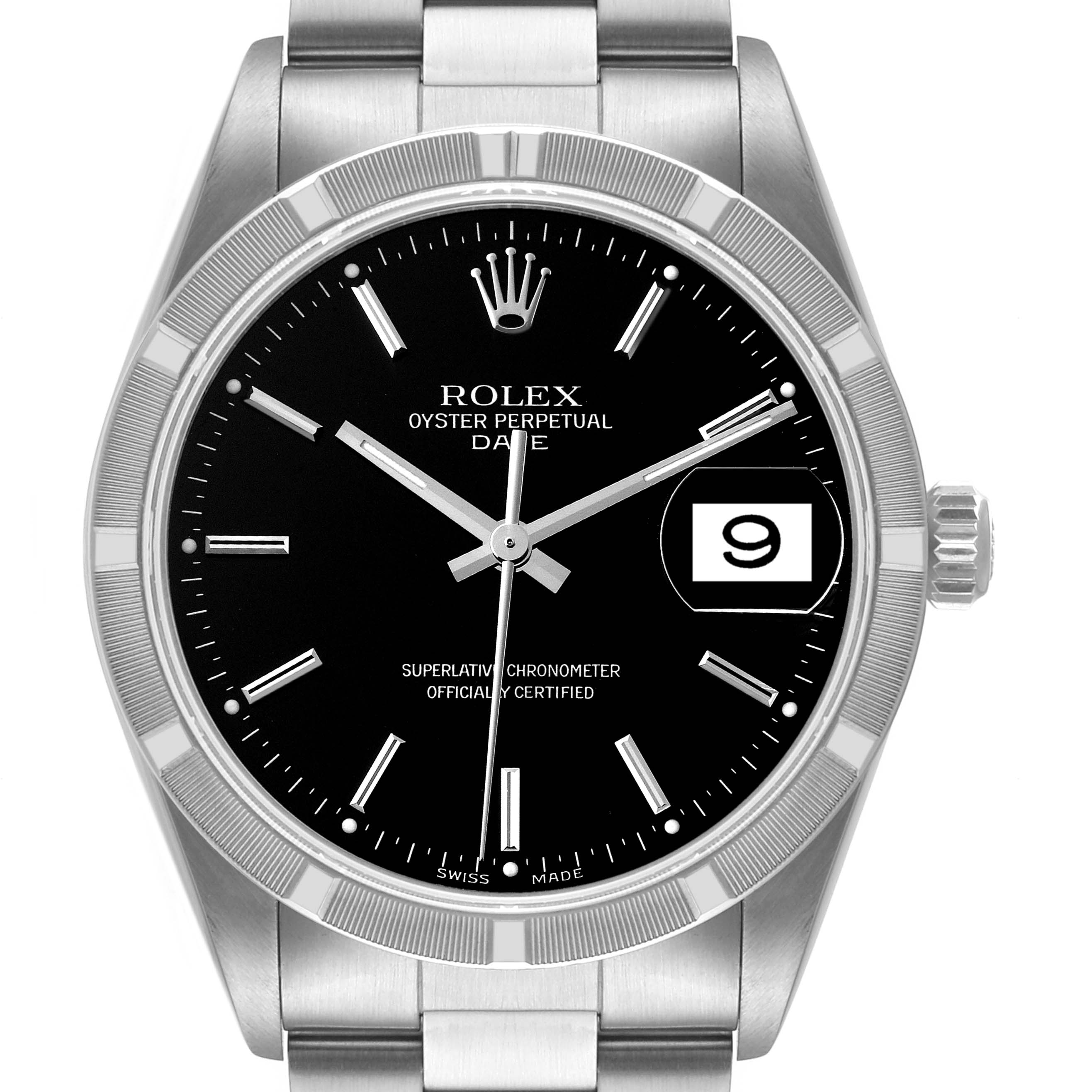 The image shows a front angle of a Rolex Oyster Perpetual Date model, featuring the dial, bezel, crown, and part of the bracelet.