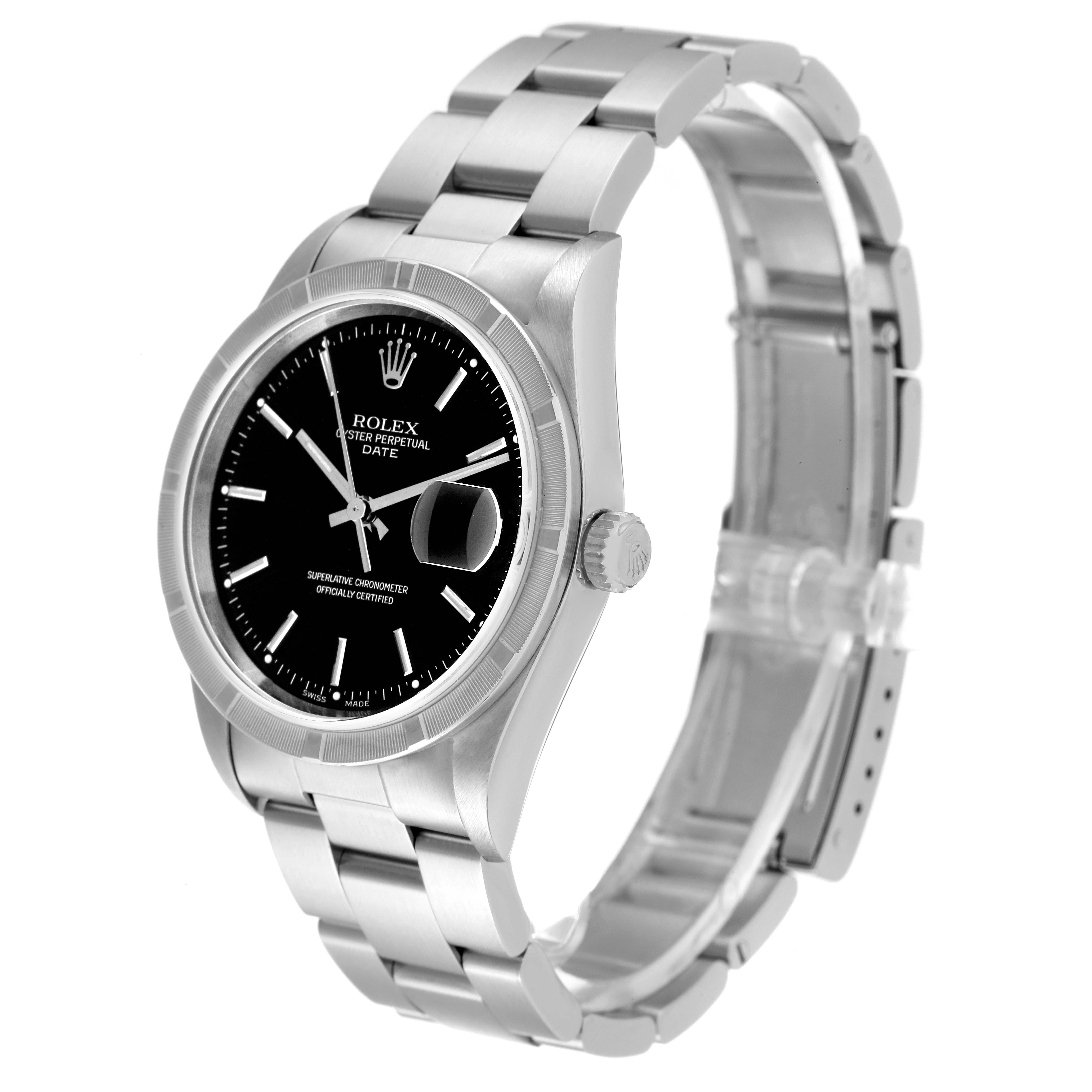 This image shows a Rolex Date 15210 Men
s Stainless Steel Black Dial 15210 Men
s Stainless Steel Black Dial model watch at an angled view, highlighting its face, bezel, crown, and bracelet.