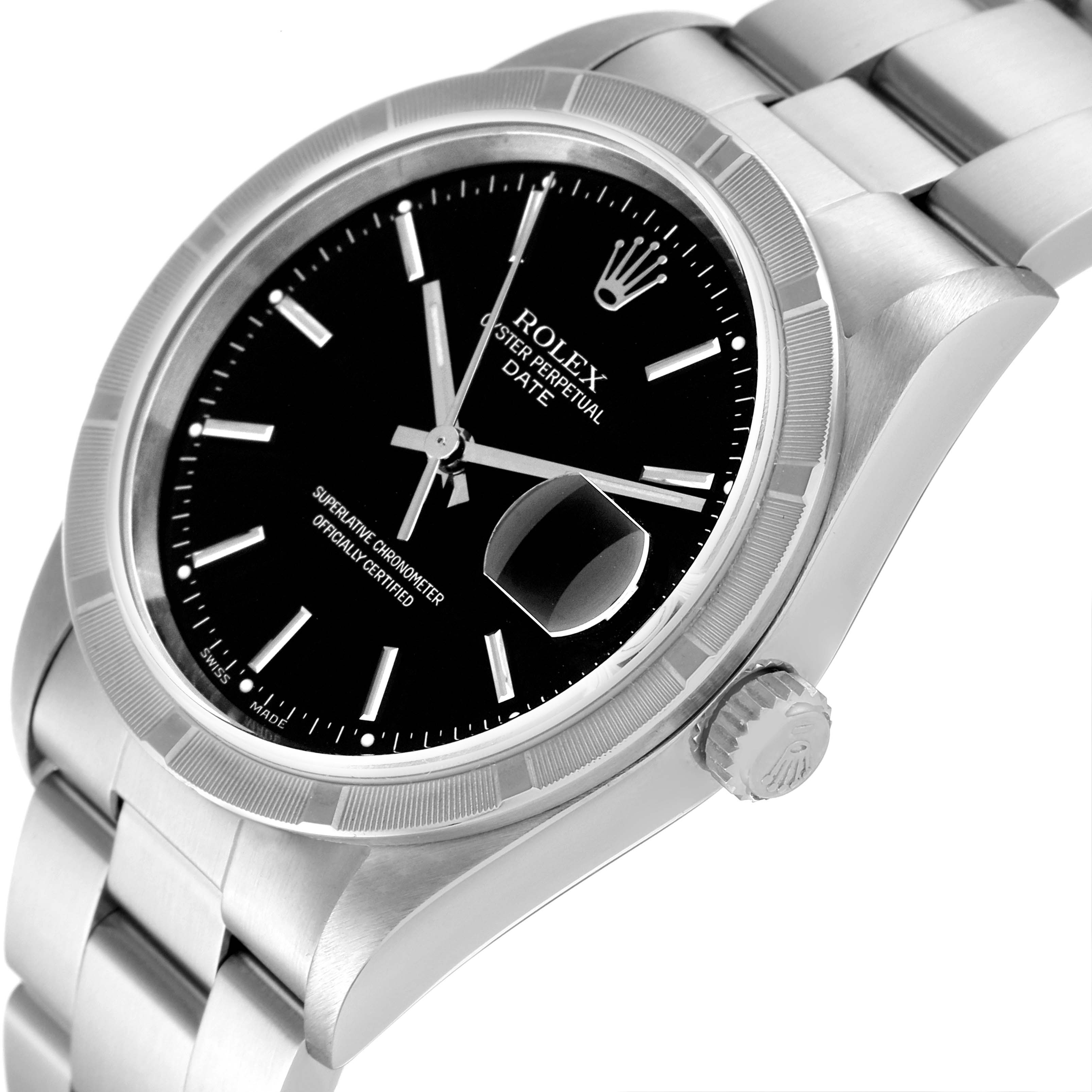 This image shows a Rolex Date 15210 Men
s Stainless Steel Black Dial 15210 Men
s Stainless Steel Black Dial model watch from an angled view highlighting the dial, crown, and part of the bracelet.