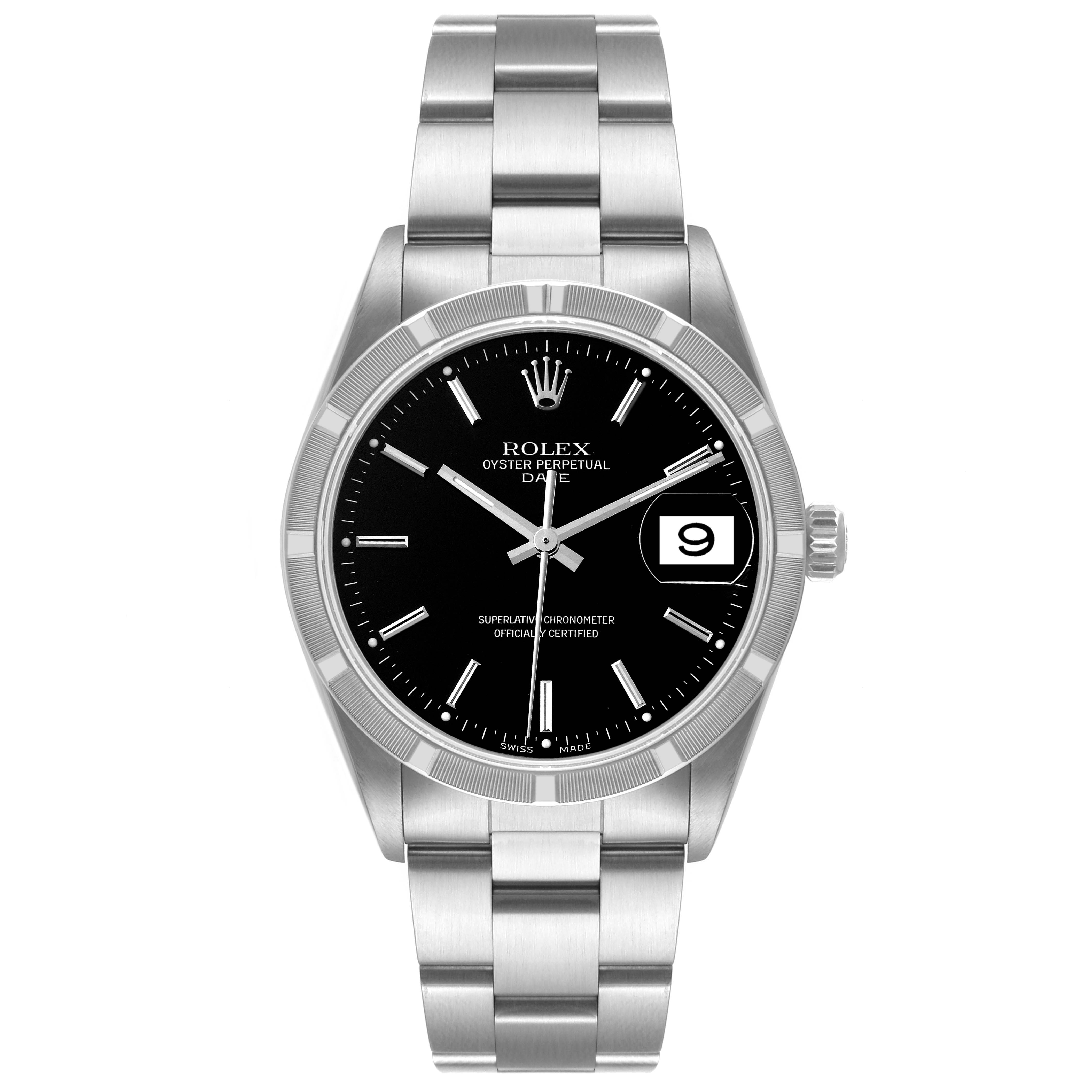 The image shows a front view of the Rolex Oyster Perpetual Date model watch, displaying the dial, bezel, case, and bracelet.