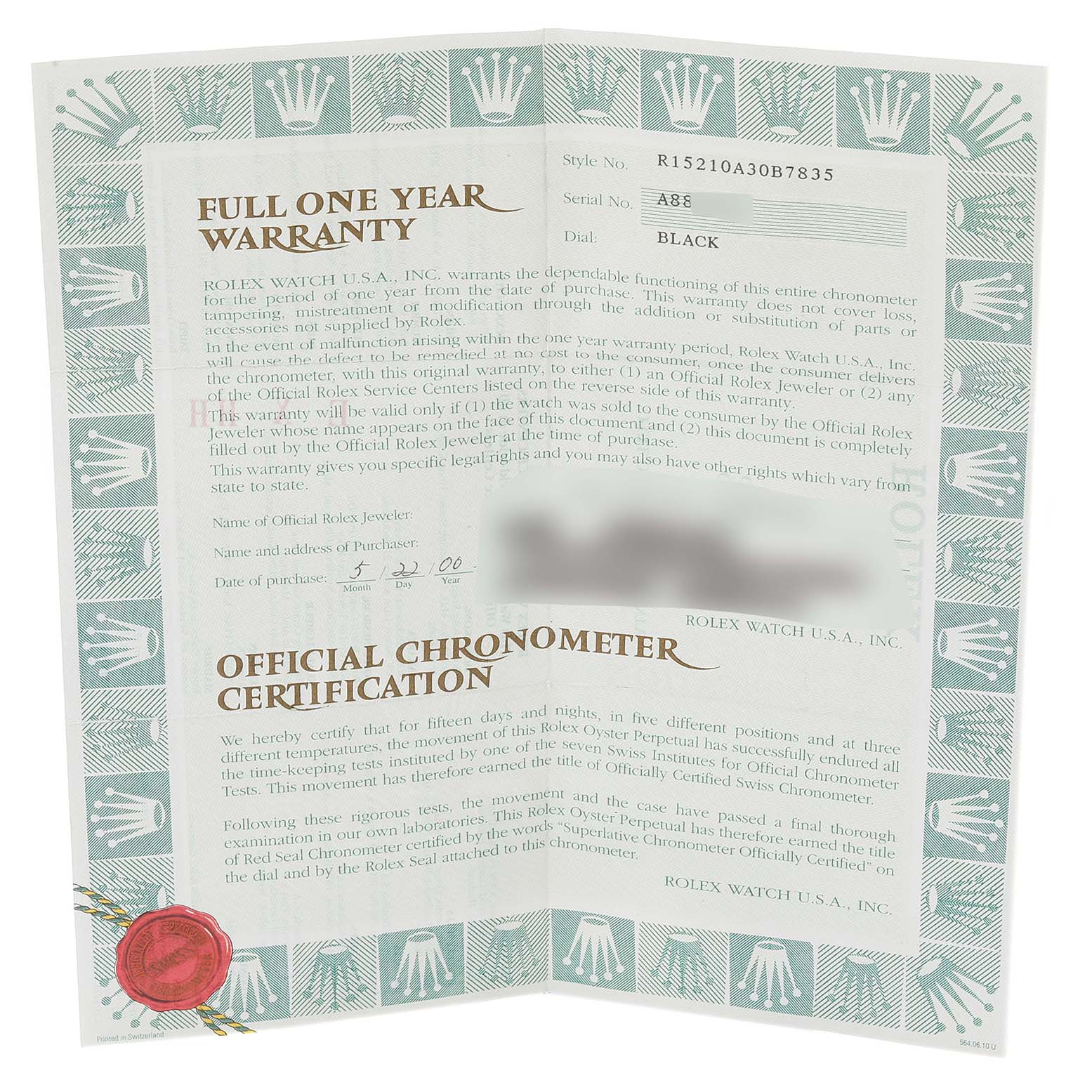 The image shows a full one-year warranty and official chronometer certification document for a Rolex Date 15210 Men
s Stainless Steel Black Dial 15210 Men
s Stainless Steel Black Dial model watch.