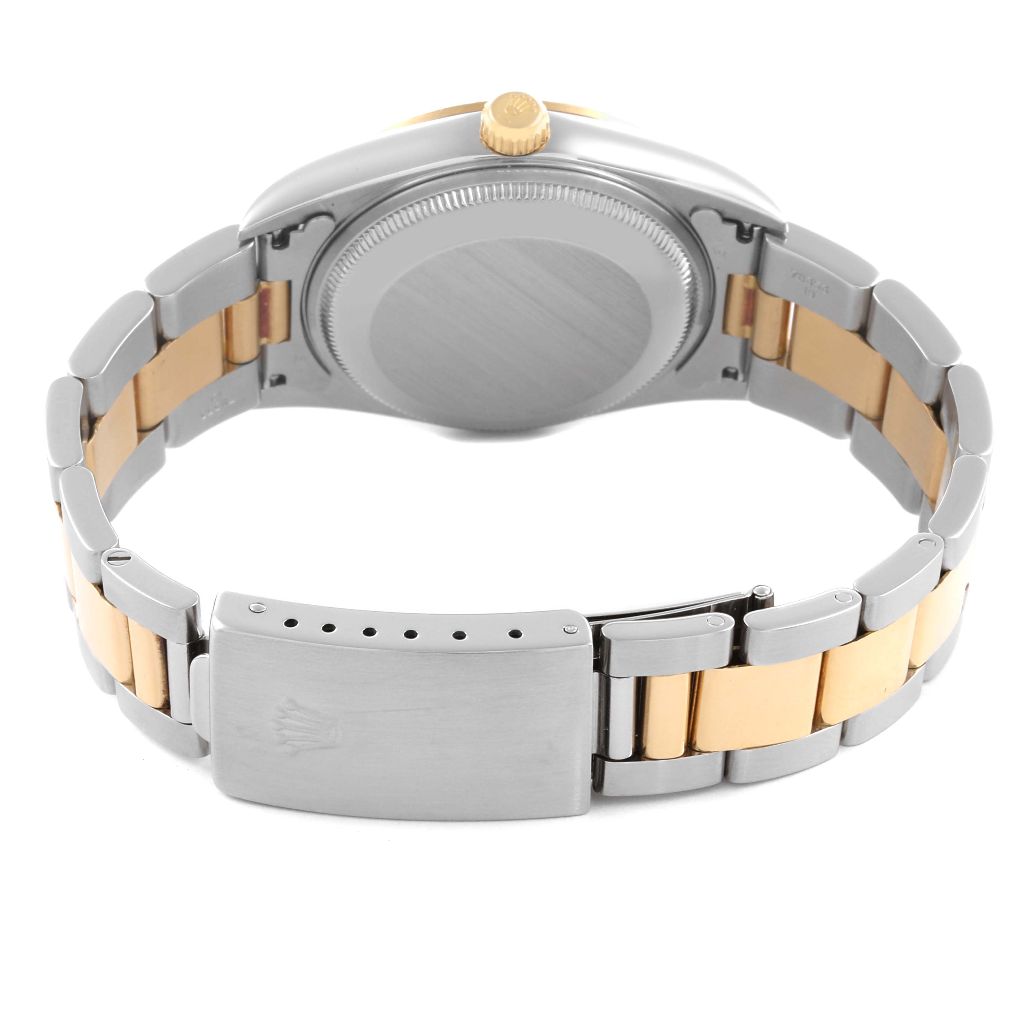 The image shows the back and clasp of a Rolex Date 15223 Men's Steel and Gold (two tone) White Dial 15223 Men's Steel and Gold (two tone) White Dial, highlighting the two-tone bracelet and case back.