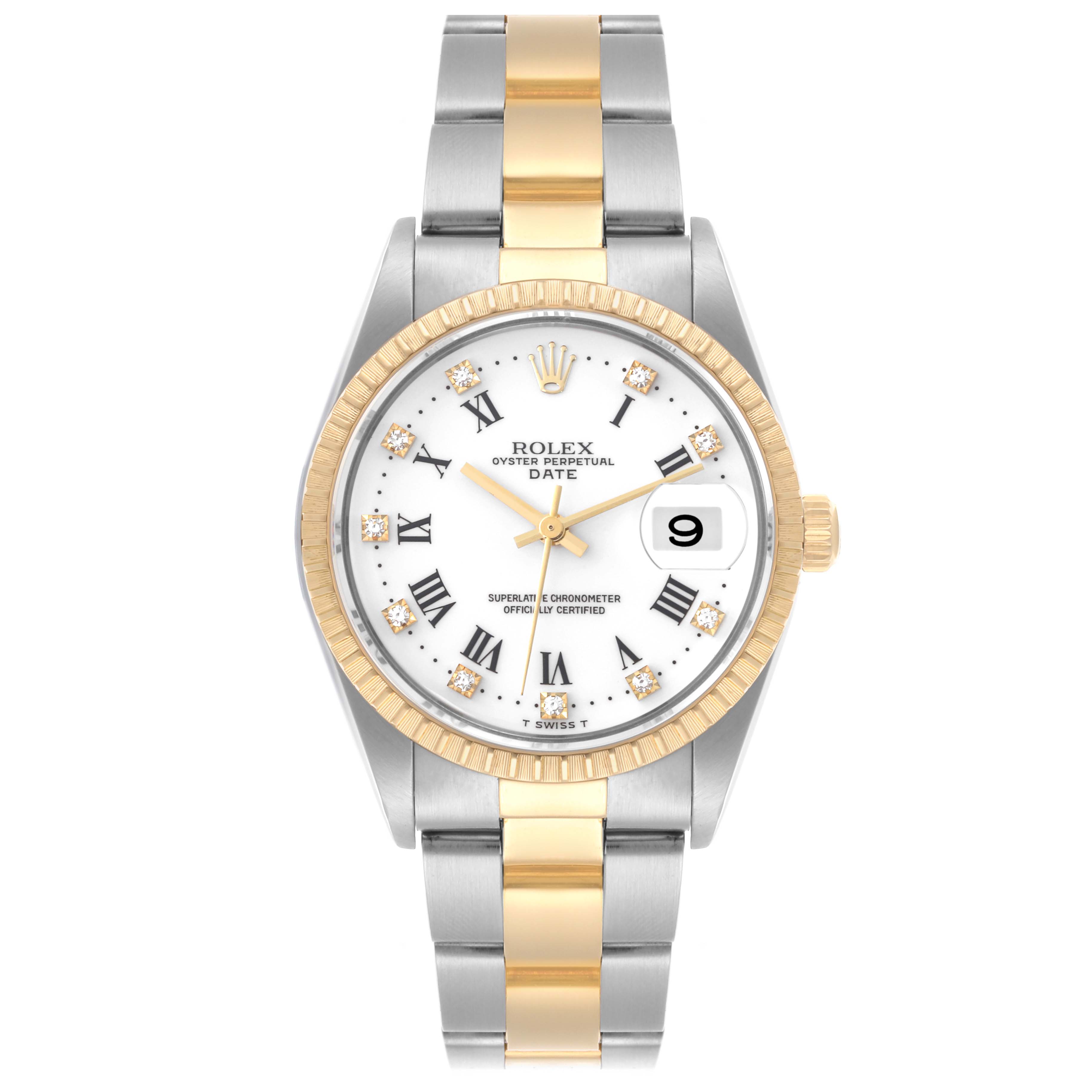 The Rolex Date 15223 Men's Steel and Gold (two tone) White Dial 15223 Men's Steel and Gold (two tone) White Dial model watch is shown from a front angle displaying the dial, bezel, and bracelet.