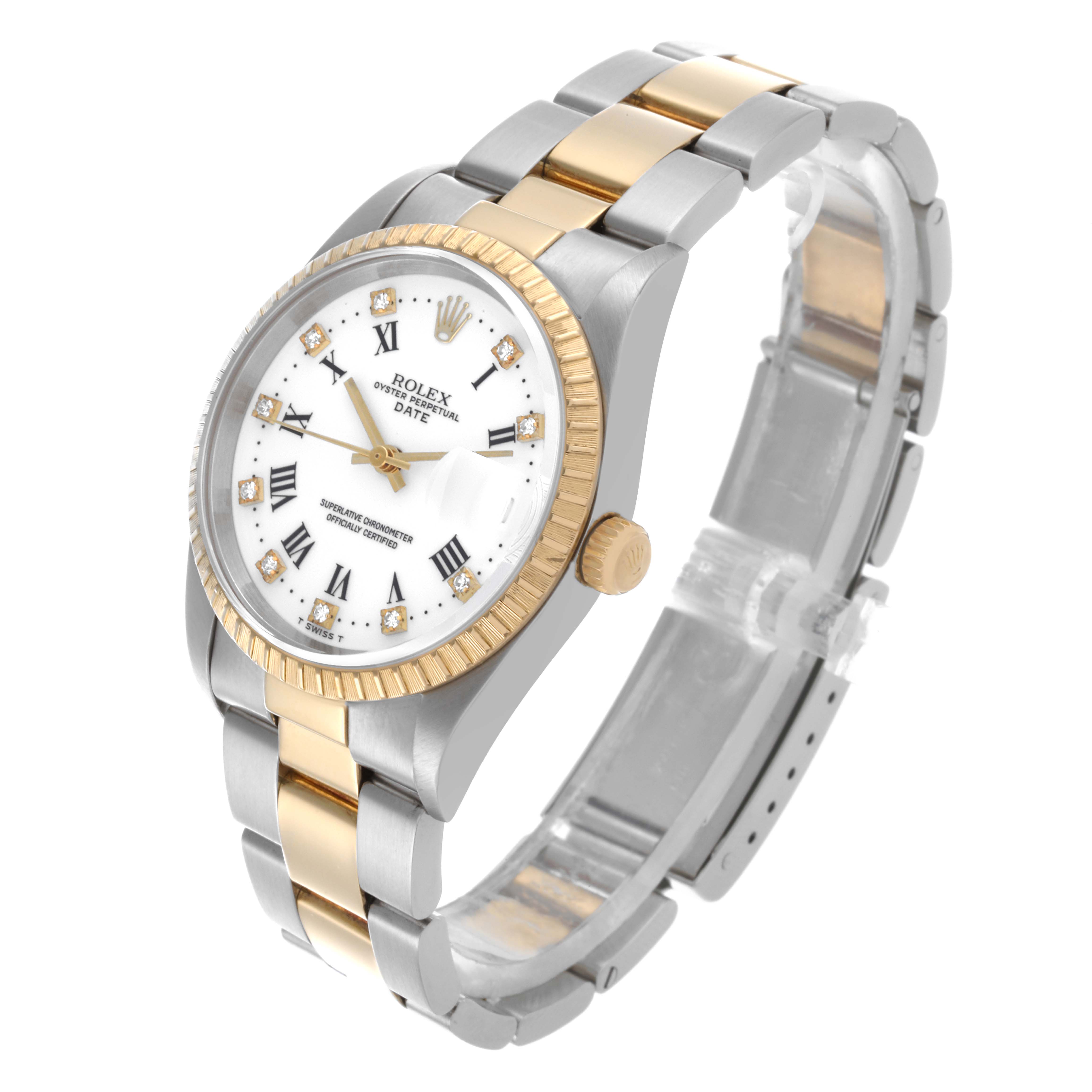 The Rolex Date 15223 Men's Steel and Gold (two tone) White Dial 15223 Men's Steel and Gold (two tone) White Dial model is shown at an angled view, displaying its bezel, face, and two-tone bracelet.
