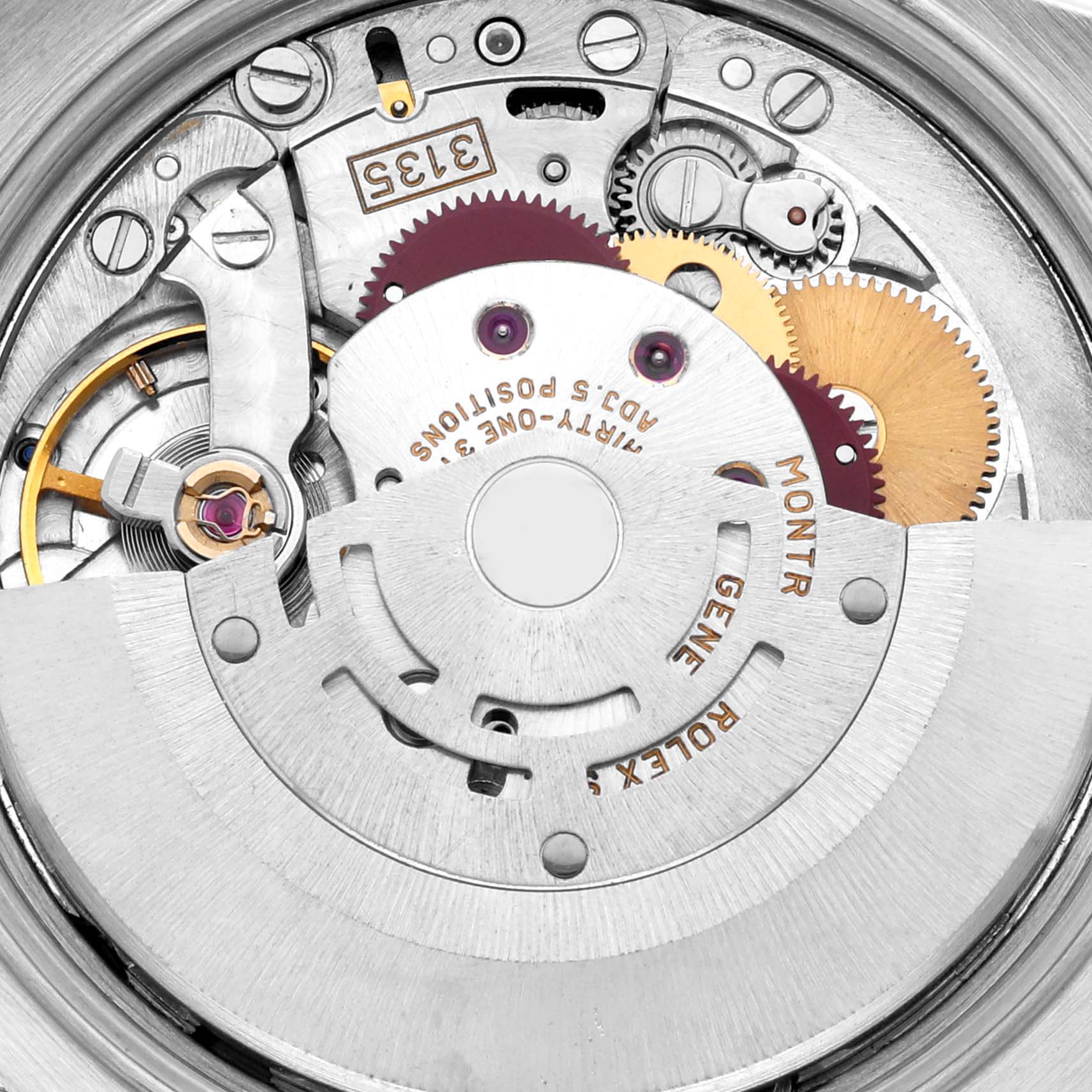 The image shows the intricate movement mechanism of a Rolex Date 15223 Men's Steel and Gold (two tone) White Dial 15223 Men's Steel and Gold (two tone) White Dial model from a top-down angle, highlighting gears and components.