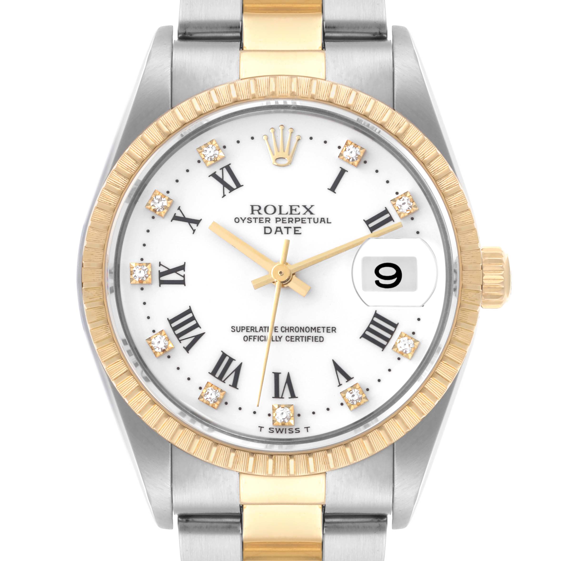 The Rolex Date 15223 Men's Steel and Gold (two tone) White Dial 15223 Men's Steel and Gold (two tone) White Dial watch is shown from a front angle, displaying its dial, bezel, and part of the bracelet.