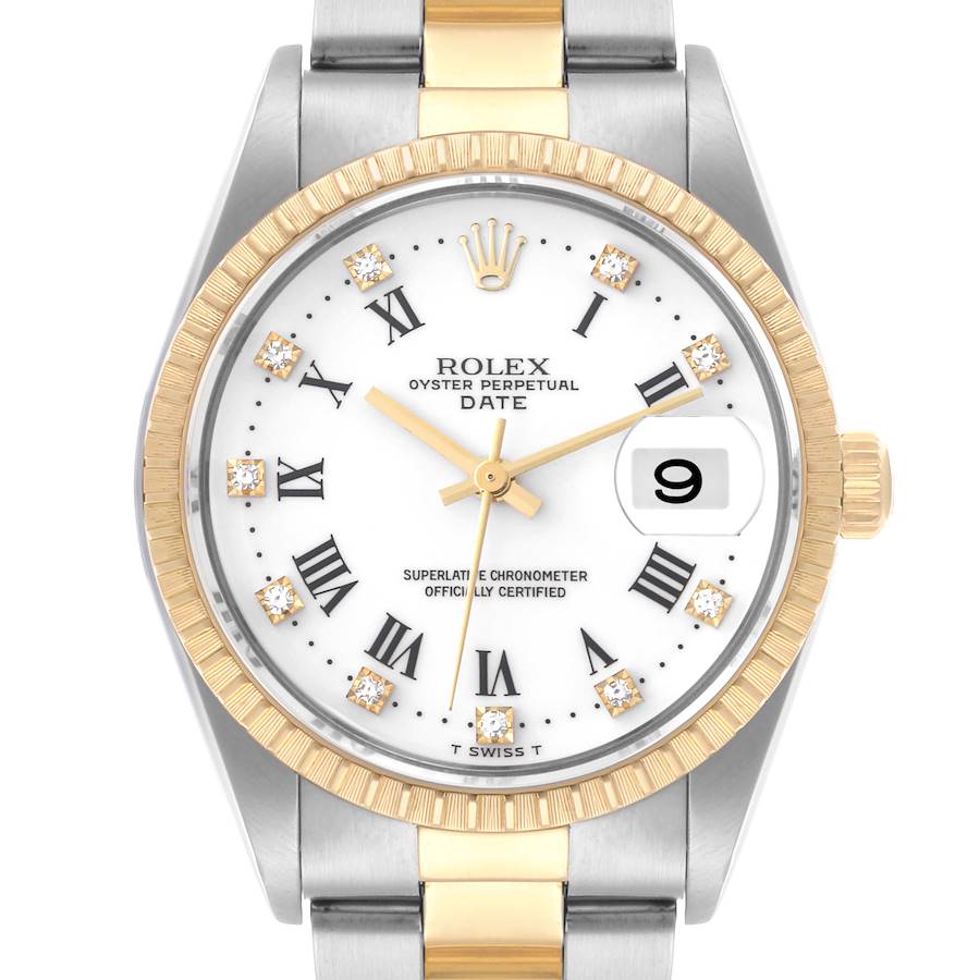 The Rolex Date watch is shown from a front angle, displaying its dial, bezel, and part of the bracelet.