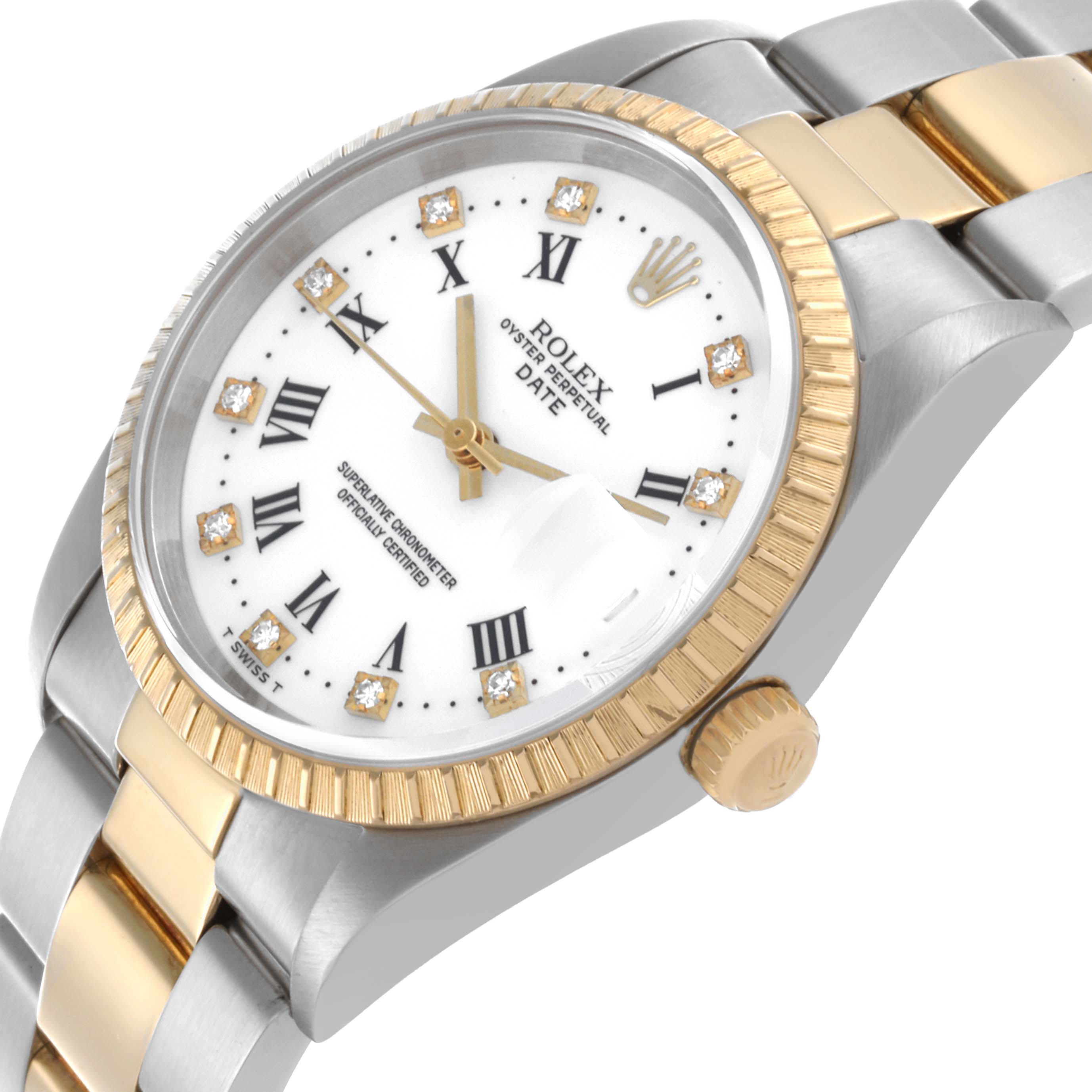 The Rolex Date 15223 Men's Steel and Gold (two tone) White Dial 15223 Men's Steel and Gold (two tone) White Dial watch is shown at a three-quarter angle, displaying the face, bezel, crown, and part of the bracelet.