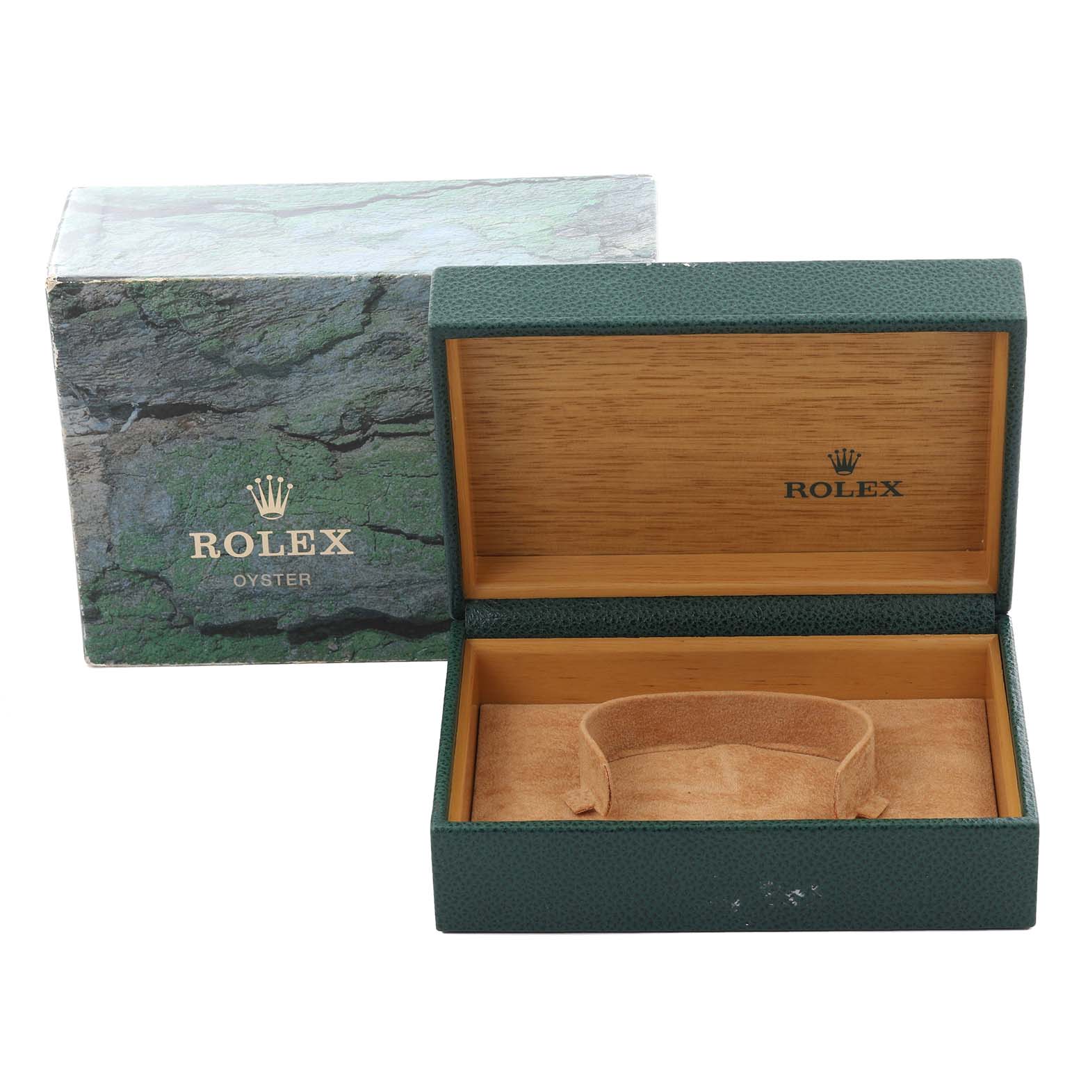 The image shows an open Rolex Date 15223 Men's Steel and Gold (two tone) White Dial 15223 Men's Steel and Gold (two tone) White Dial model box with a Rolex Oyster logo on a textured outer box.