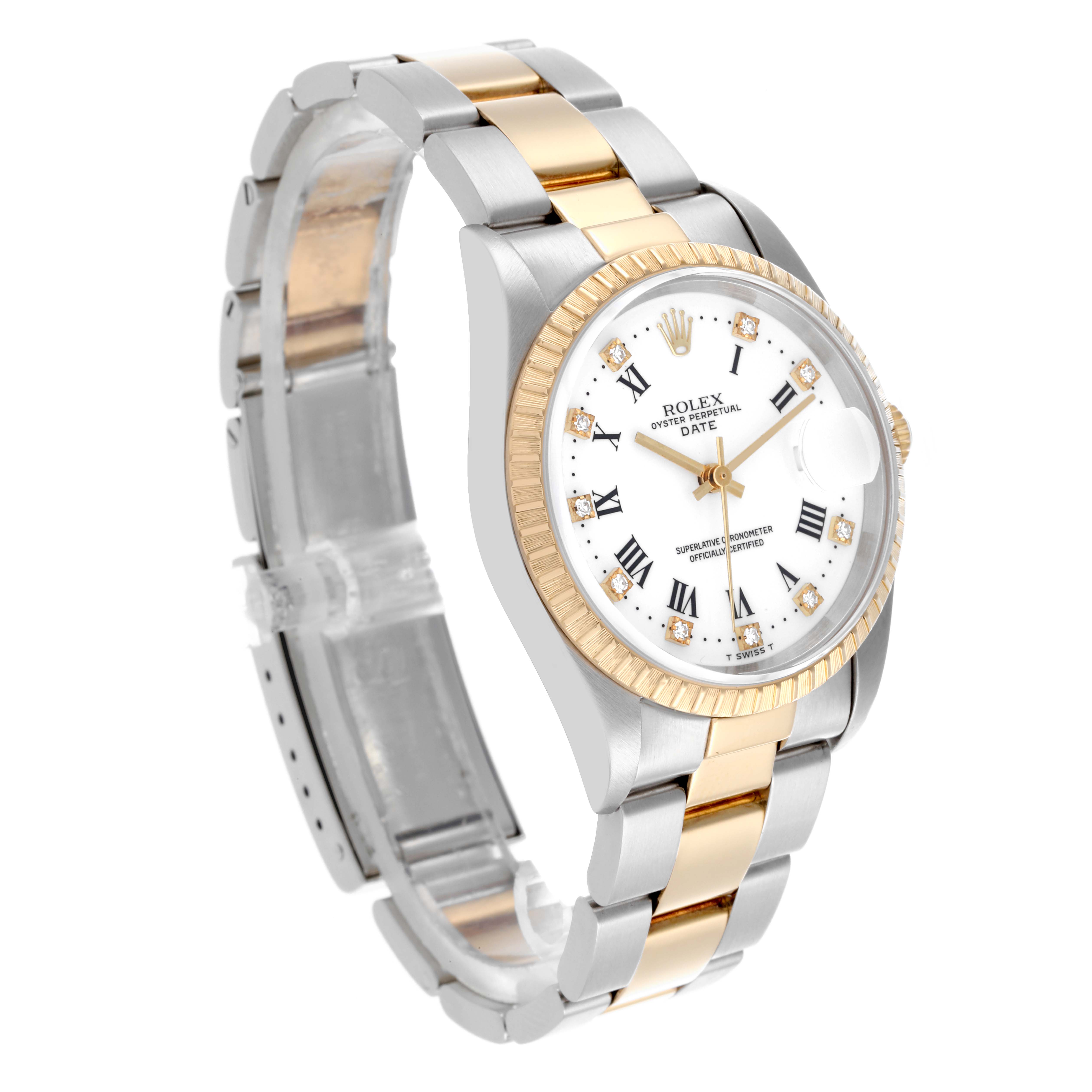 The Rolex Date 15223 Men's Steel and Gold (two tone) White Dial 15223 Men's Steel and Gold (two tone) White Dial watch is shown at an angled side view, highlighting the bezel, dial, and bracelet.