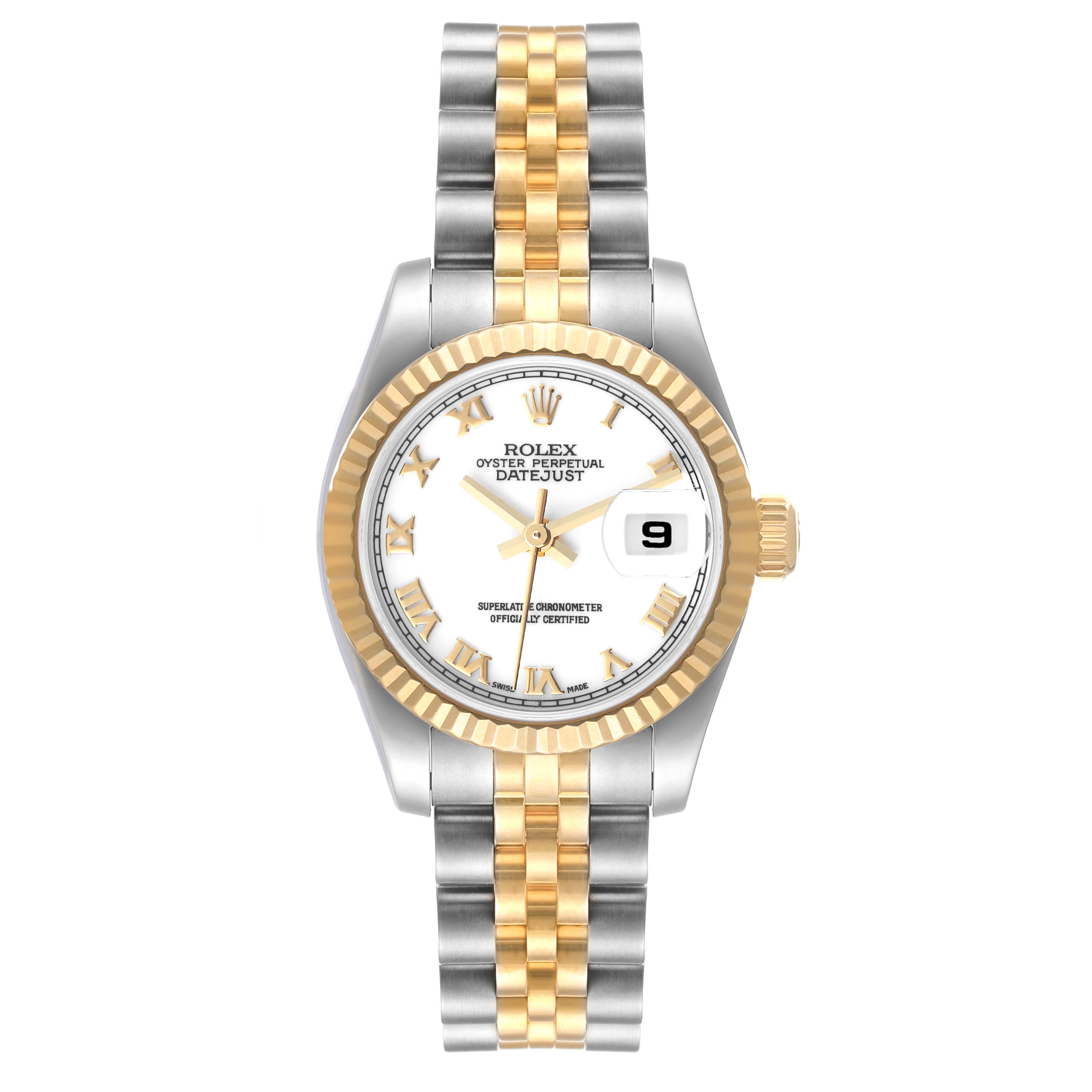 The image shows a top-down view of a Rolex Datejust 179173 Women's Steel and Gold (two tone) White Dial 179173 Women's Steel and Gold (two tone) White Dial watch featuring a two-tone bracelet, white dial, and fluted bezel.