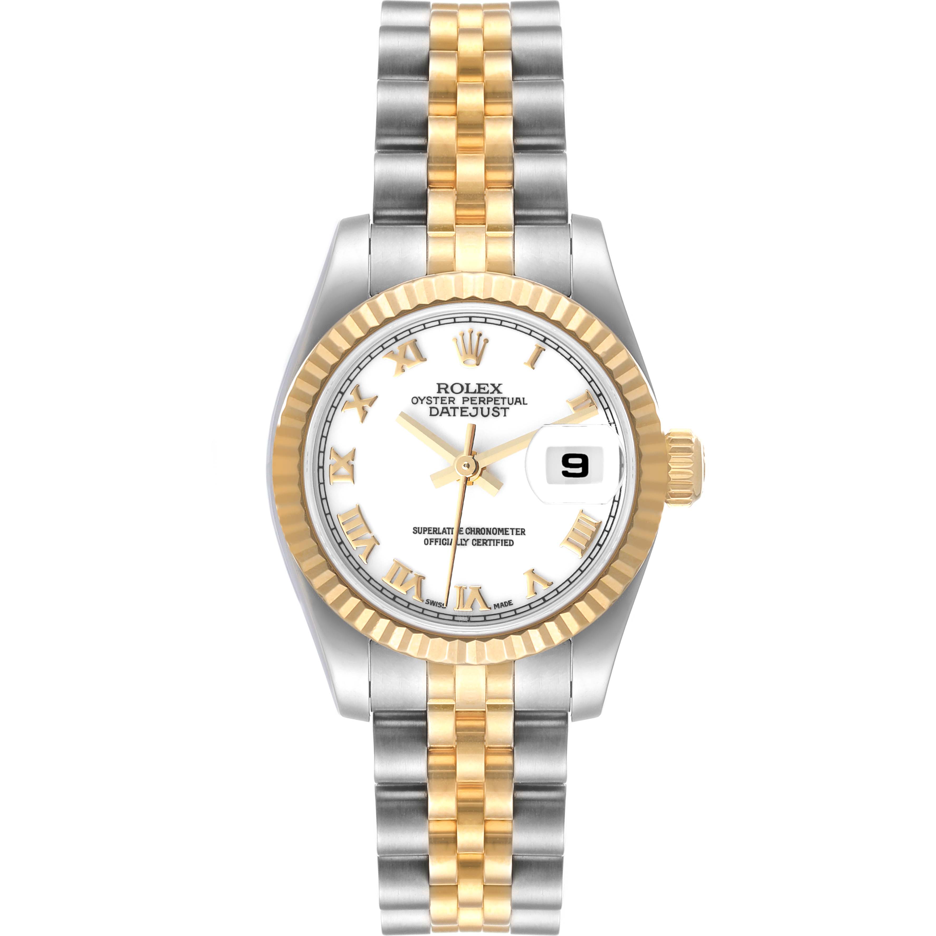 This Rolex Datejust 179173 Women's Steel and Gold (two tone) White Dial 179173 Women's Steel and Gold (two tone) White Dial watch is shown from a front angle with a two-tone bracelet and a white dial displaying the date.