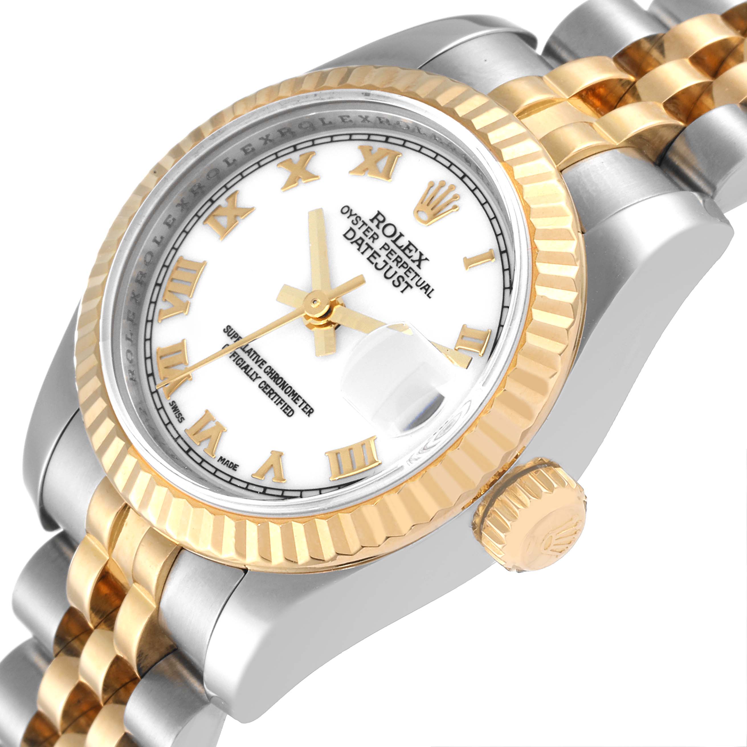 The image shows a Rolex Datejust 179173 Women's Steel and Gold (two tone) White Dial 179173 Women's Steel and Gold (two tone) White Dial watch from a low angle, highlighting the bezel, dial, date window, and part of the bracelet.