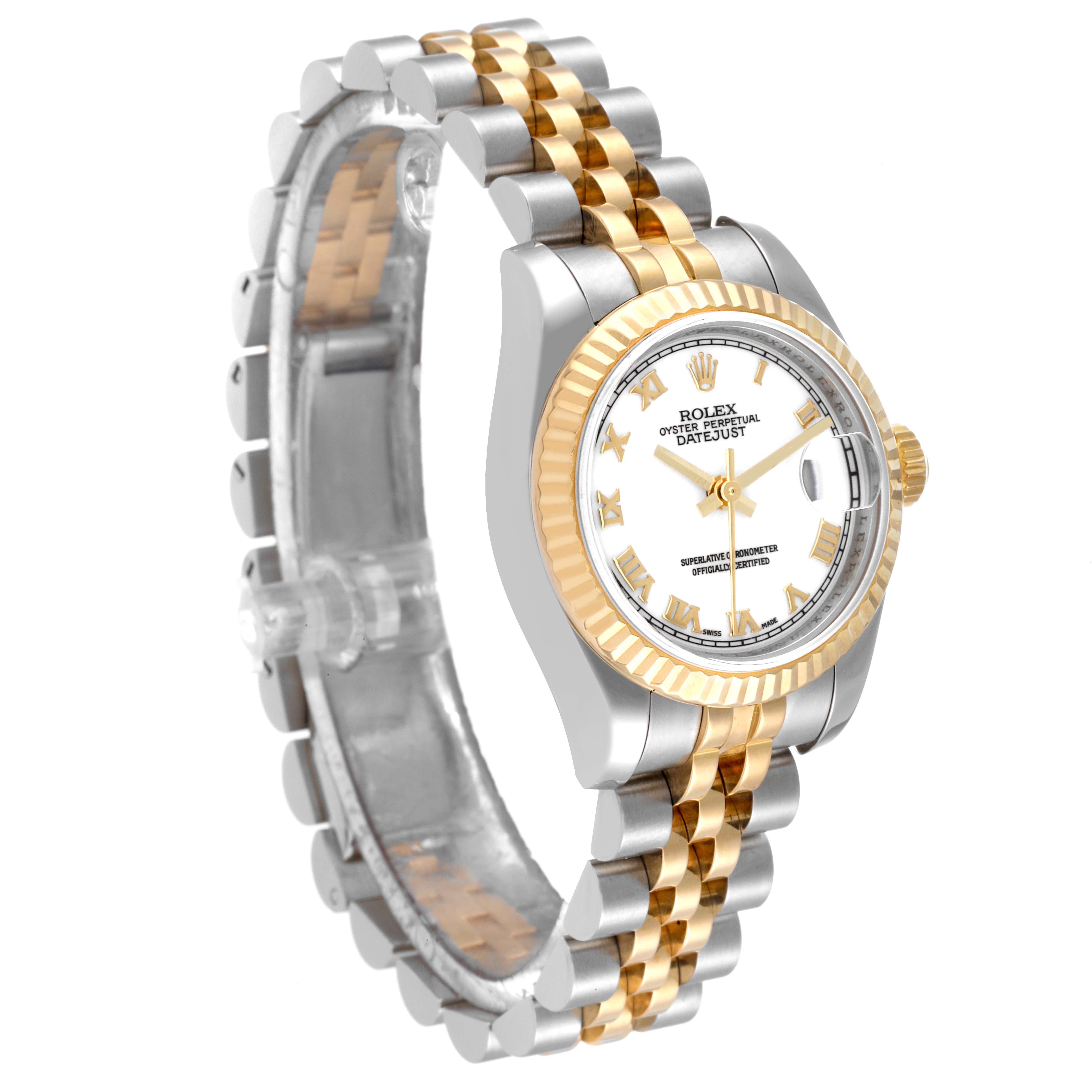 The Rolex Datejust 179173 Women's Steel and Gold (two tone) White Dial 179173 Women's Steel and Gold (two tone) White Dial watch is shown at a three-quarter angle, displaying the face, bezel, and two-tone bracelet.