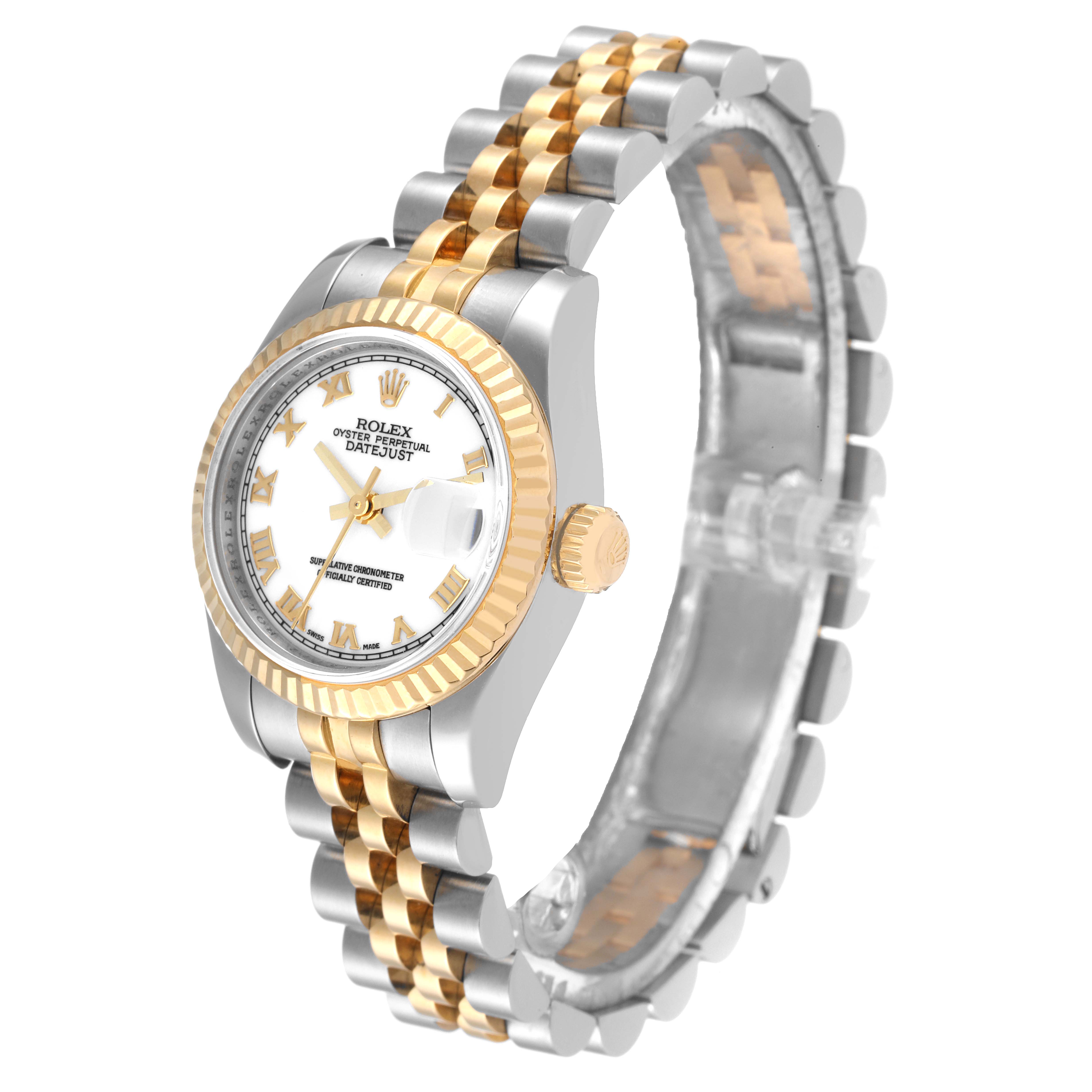 The image shows a Rolex Datejust 179173 Women's Steel and Gold (two tone) White Dial 179173 Women's Steel and Gold (two tone) White Dial watch at a three-quarter angle, highlighting its two-tone bracelet, bezel, and dial.