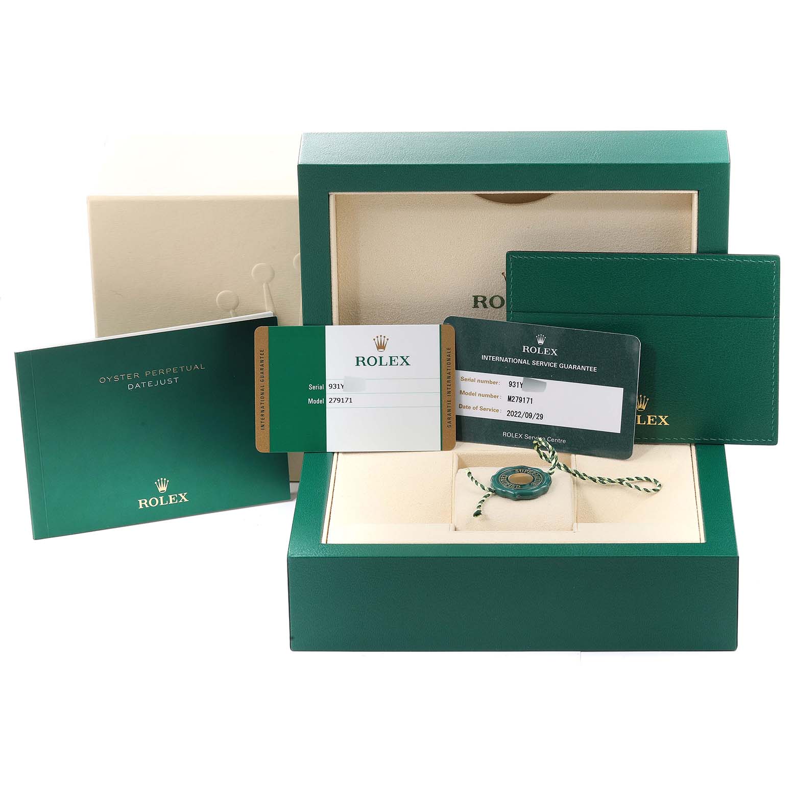 The image shows packaging and accessories for a Rolex Datejust 279171 Women's Steel and Gold (two tone) Blue Dial 279171 Women's Steel and Gold (two tone) Blue Dial, including the box, cards, booklet, and tag.