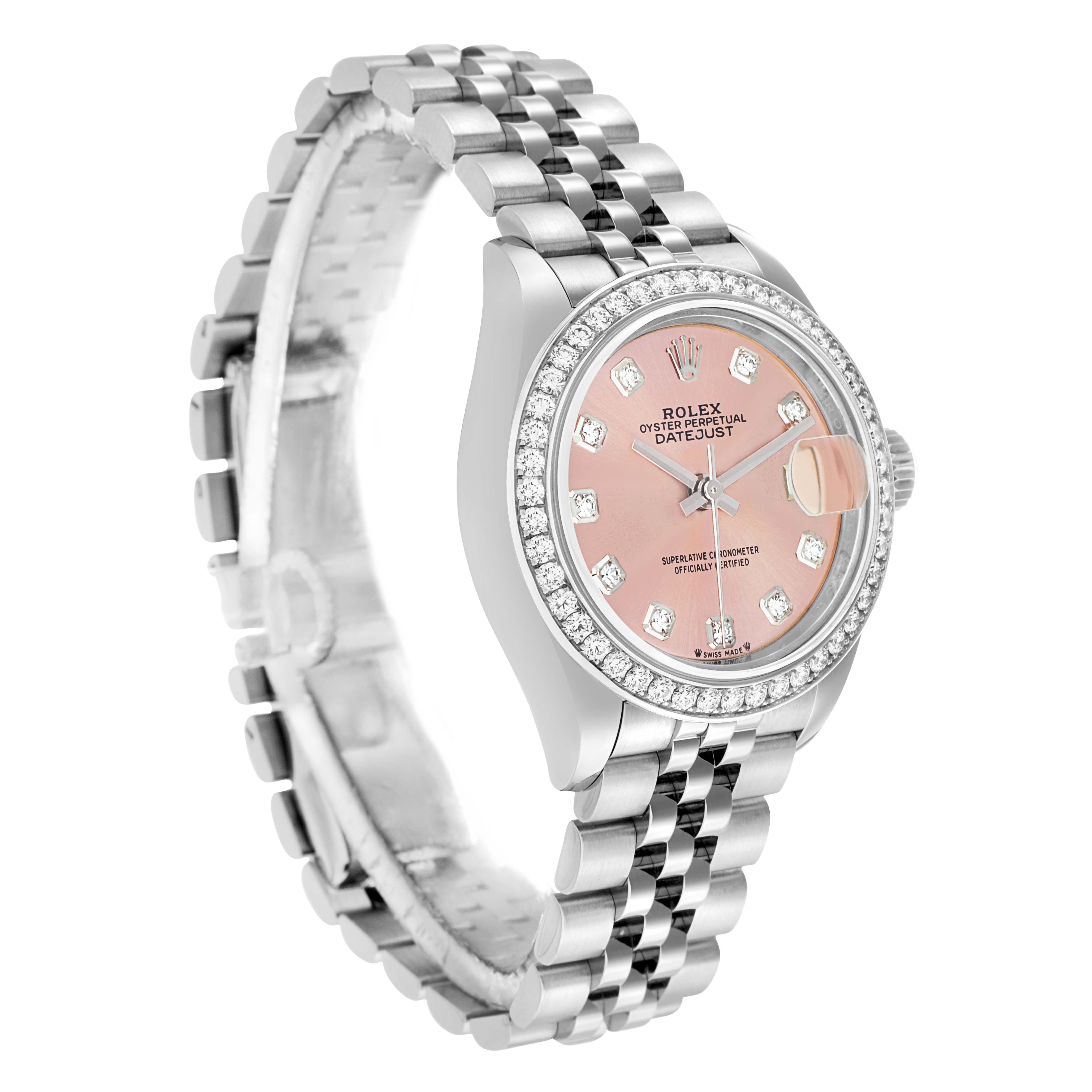 The Rolex Datejust 279384 Women
s Stainless Steel Pink Dial watch is shown at a three-quarter angle, displaying the face, bezel, and part of the bracelet.