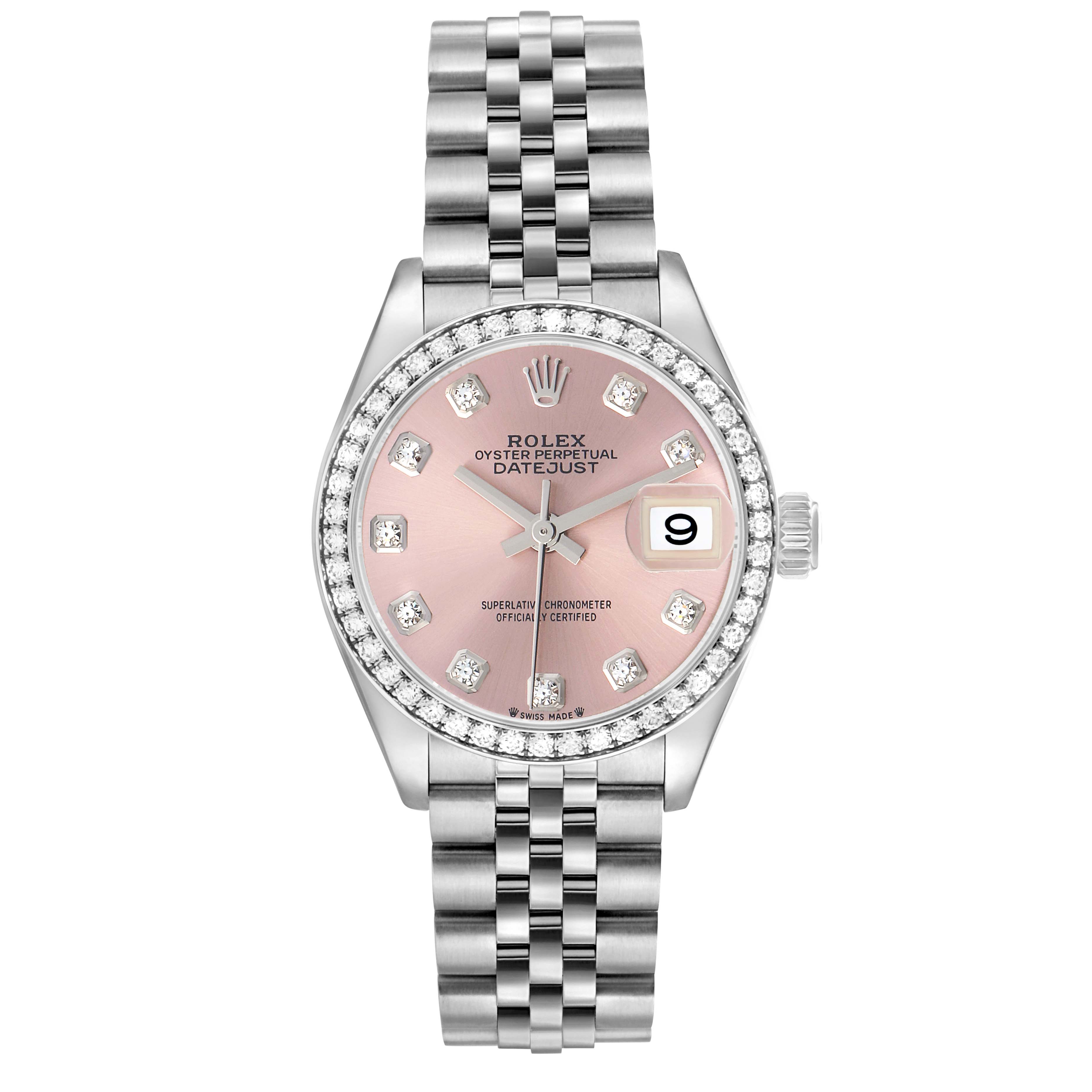 The Rolex Datejust 279384 Women
s Stainless Steel Pink Dial watch is shown from a top-down angle, displaying the pink dial, diamond markers, bezel, and Jubilee bracelet.