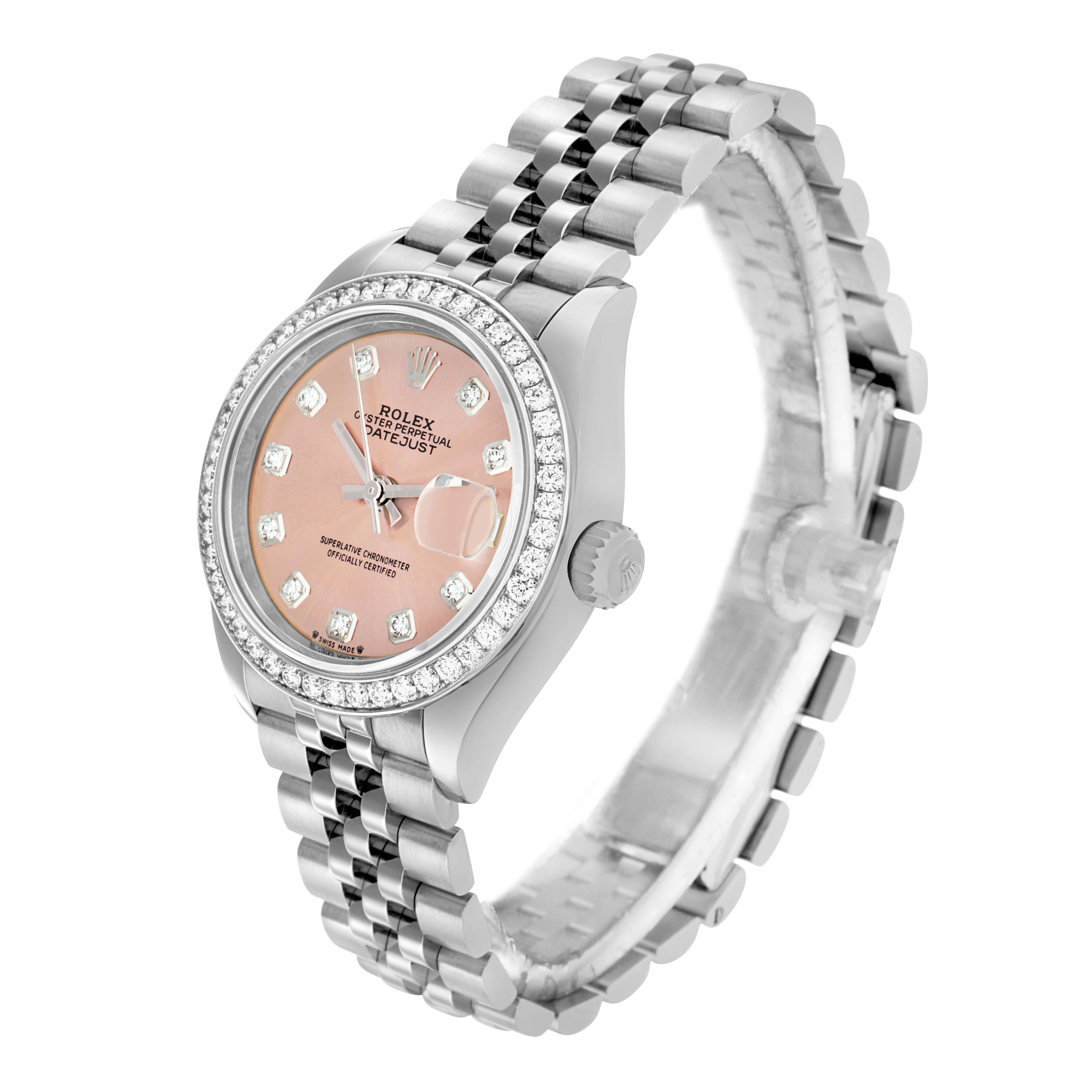 The Rolex Datejust 279384 Women
s Stainless Steel Pink Dial watch is shown at an angled side view, highlighting the pink dial, diamond bezel, and Jubilee bracelet.