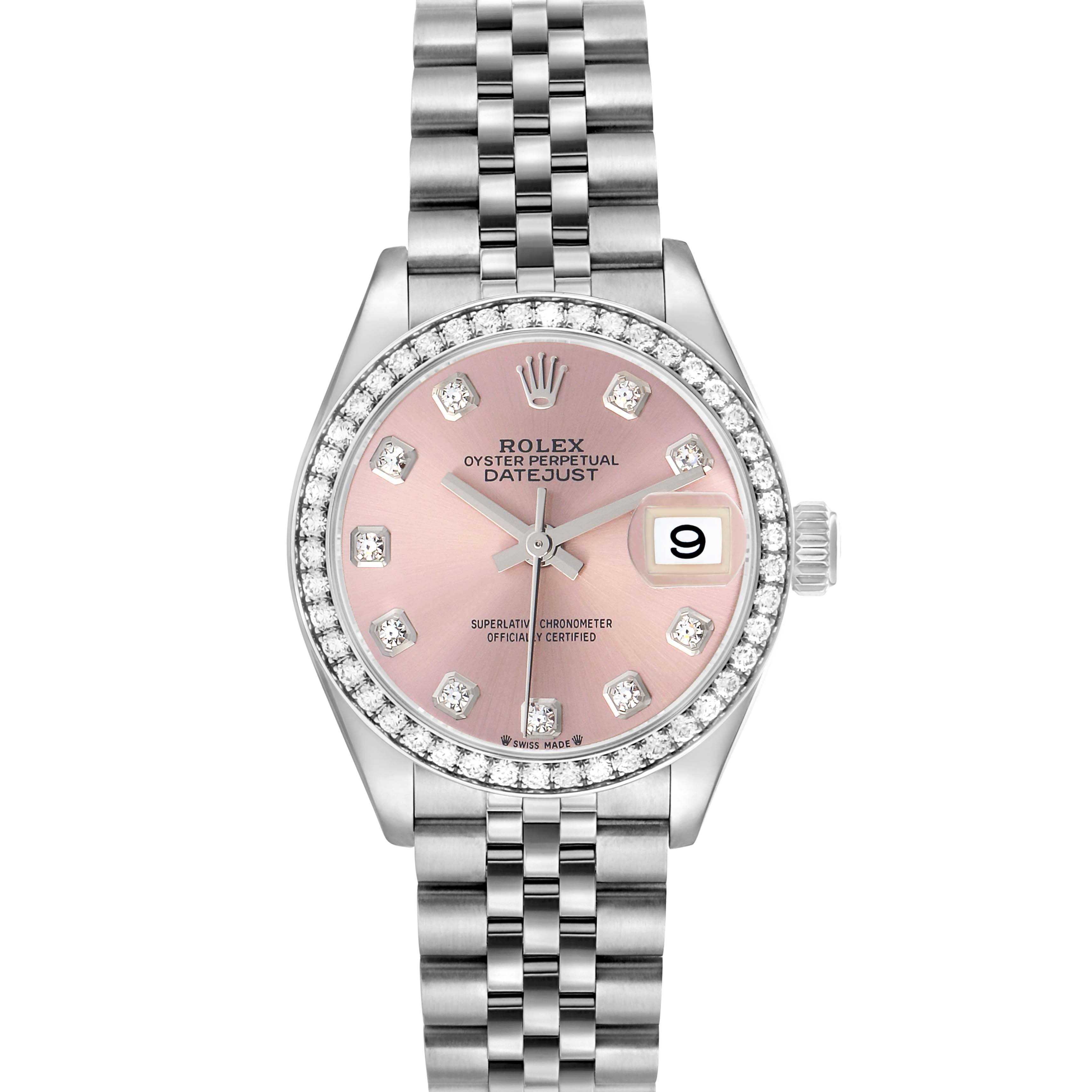 The image shows a Rolex Datejust 279384 Women
s Stainless Steel Pink Dial watch from a front angle, highlighting its pink dial, diamond hour markers, bezel, and bracelet.