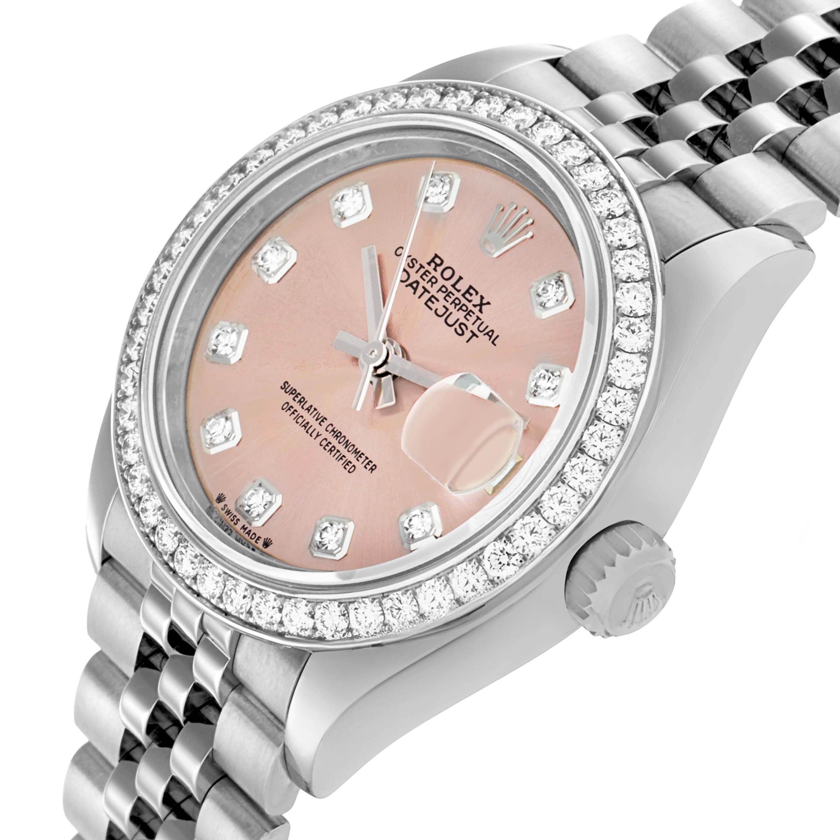 The Rolex Datejust 279384 Women
s Stainless Steel Pink Dial watch is shown at an angled side view, highlighting the pink dial, diamond bezel, crown, and jubilee bracelet.