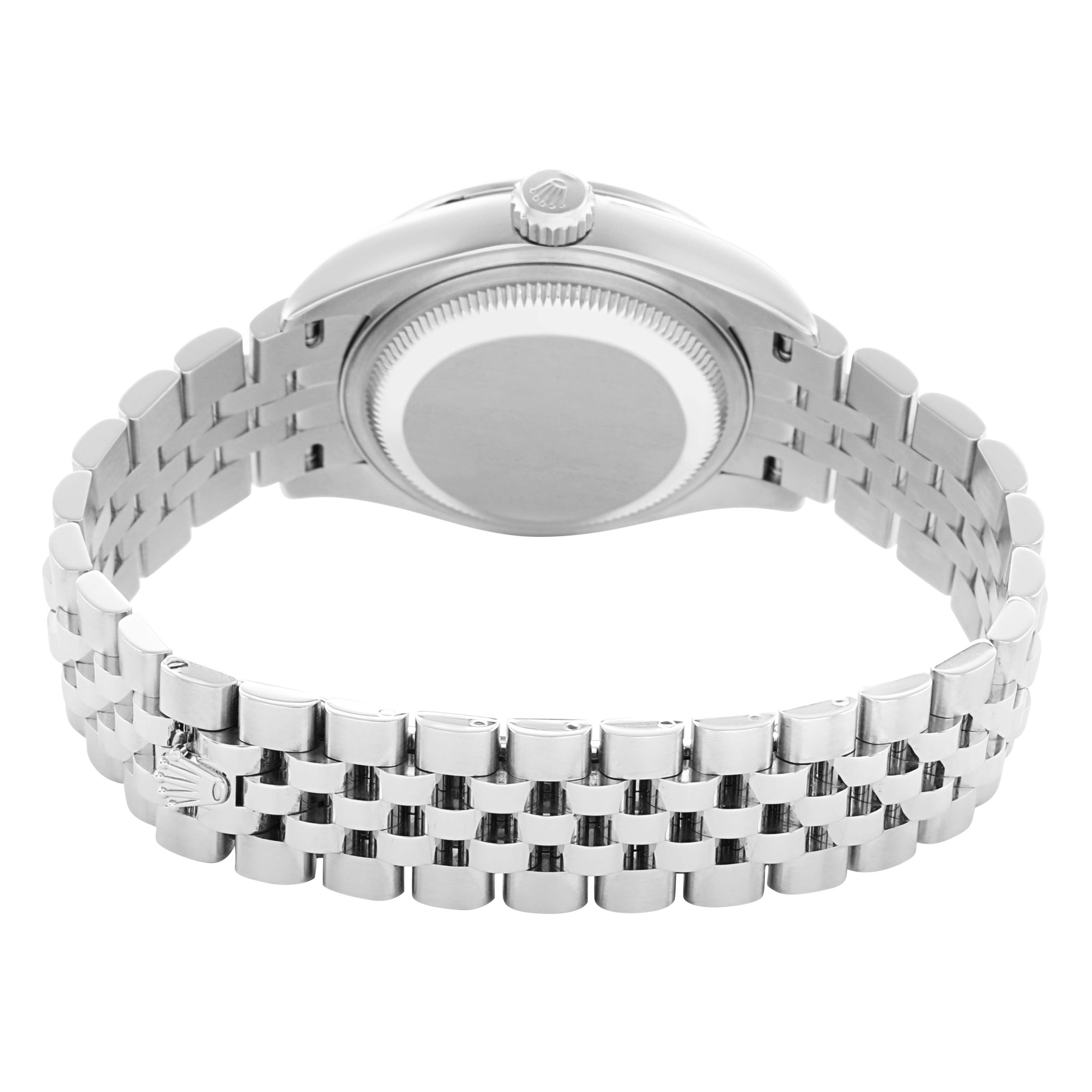 The Rolex Datejust 279384 Women
s Stainless Steel Pink Dial watch is shown from the back, highlighting its case back, crown, and Jubilee bracelet.