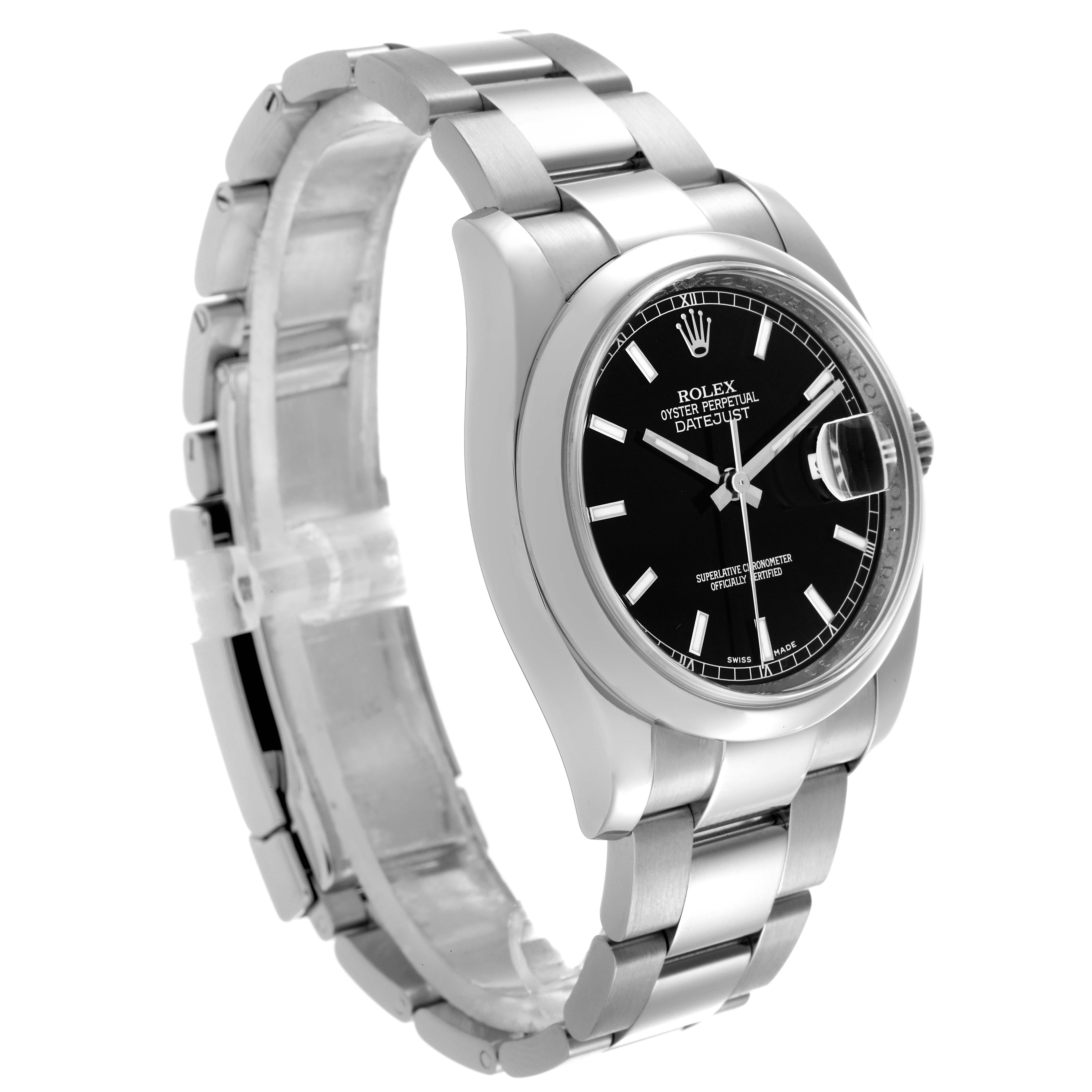 The Rolex Datejust 116200 Men's Stainless Steel Black Dial 116200 Men's Stainless Steel Black Dial watch is shown at an angle displaying the dial, case, and part of the bracelet.