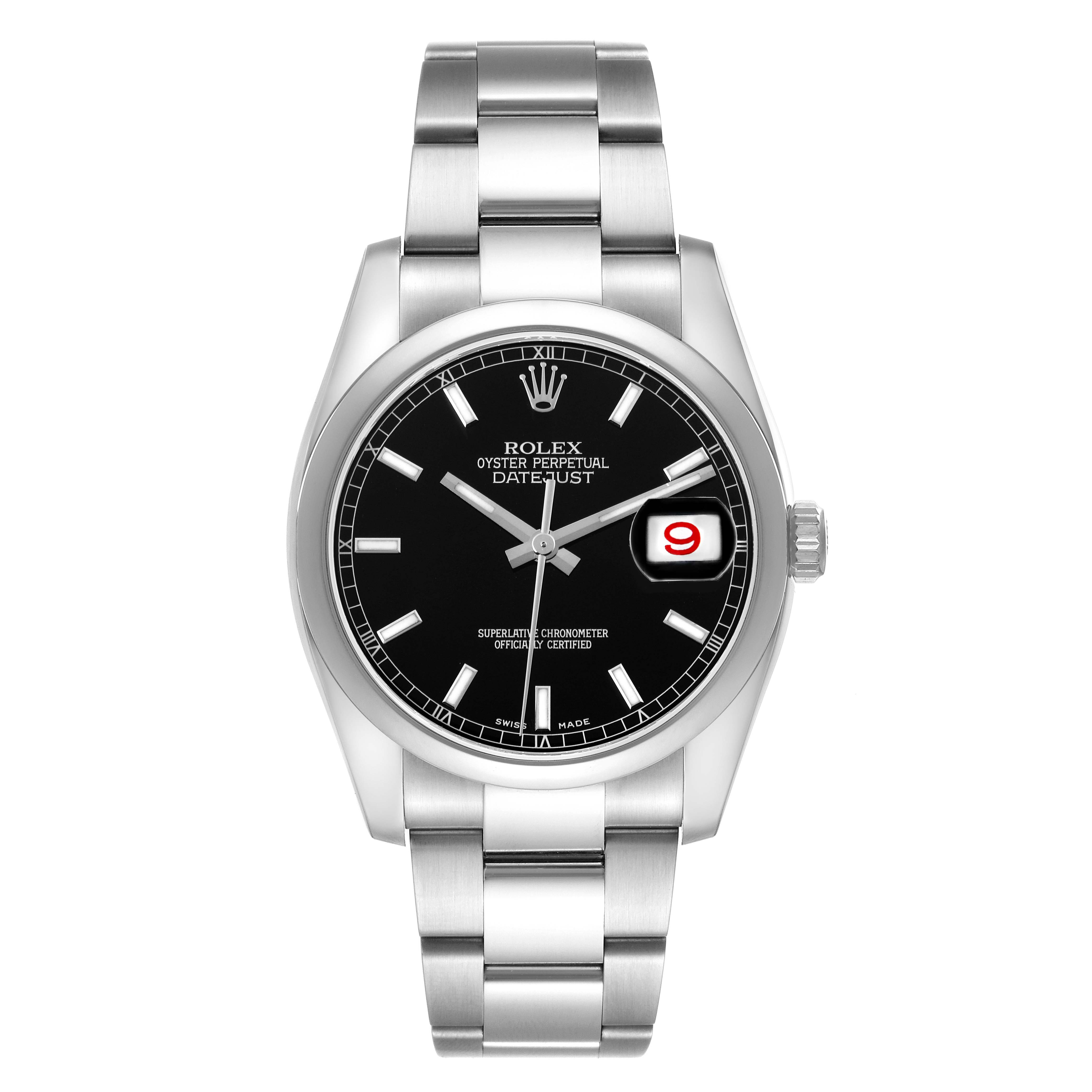 The Rolex Datejust 116200 Men's Stainless Steel Black Dial 116200 Men's Stainless Steel Black Dial watch is shown from a front angle, displaying its face, bezel, crown, and bracelet.