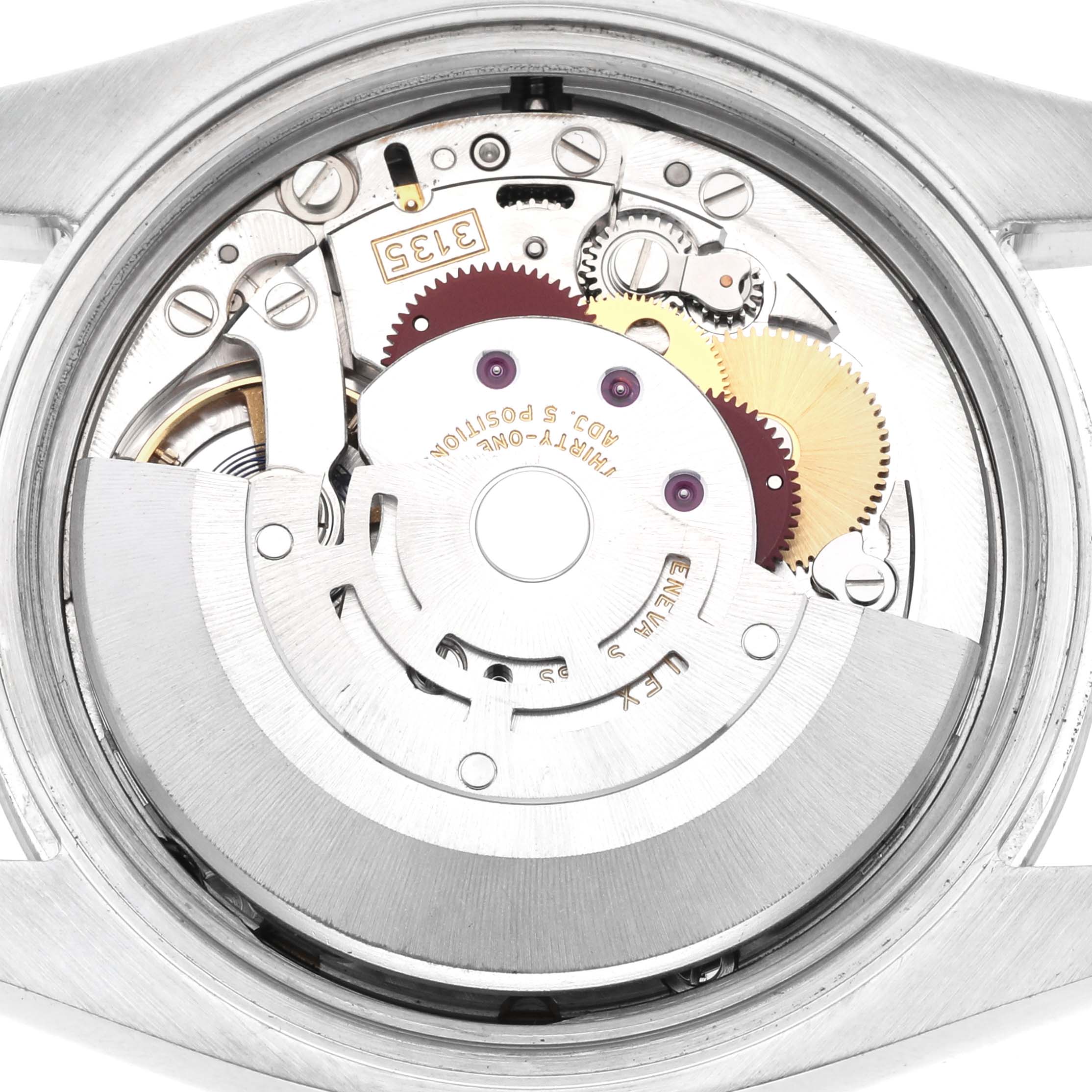 The image shows an open back view of the Rolex Datejust 116200 Men's Stainless Steel Black Dial 116200 Men's Stainless Steel Black Dial, highlighting its intricate movement and internal components.