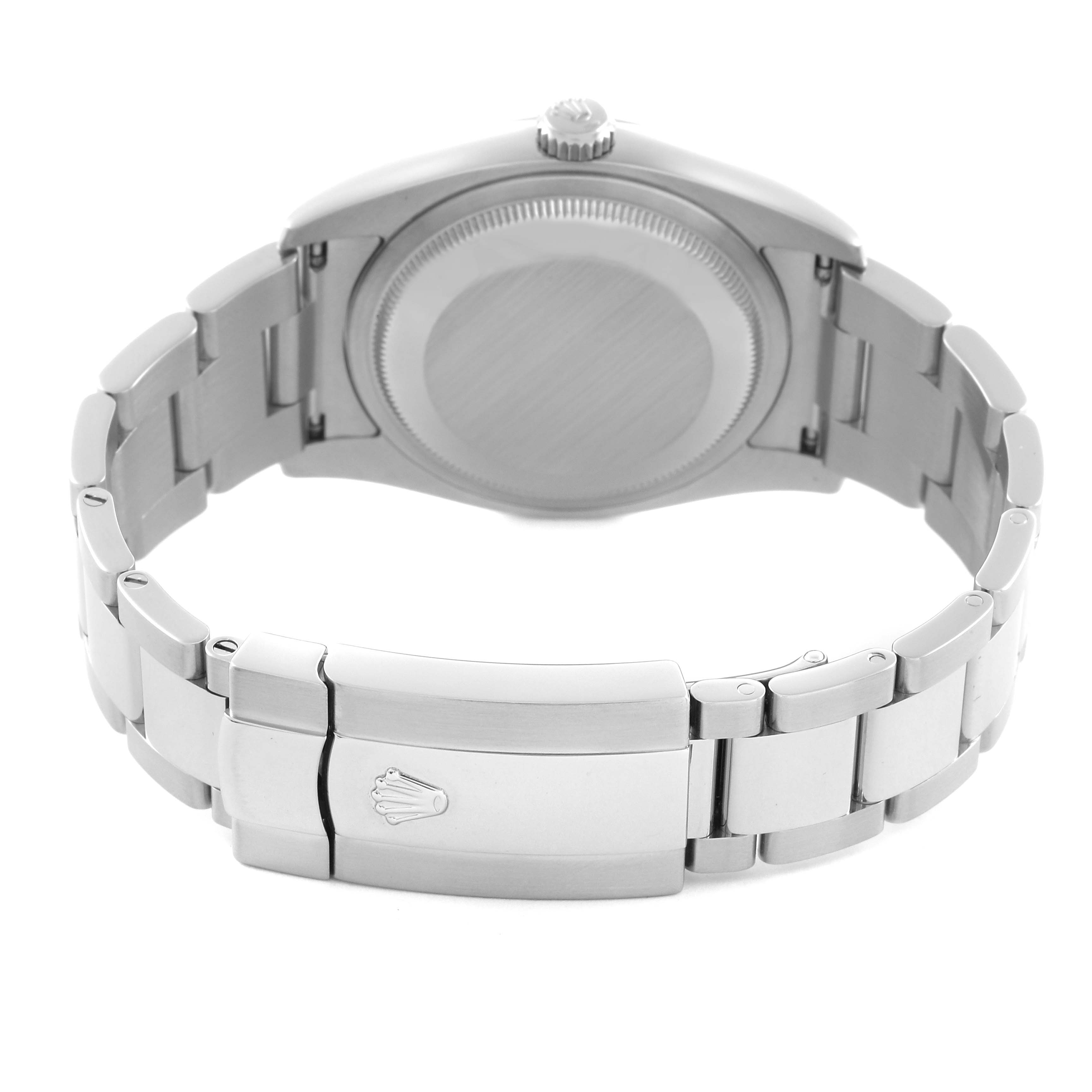 The image shows the back and bracelet of the Rolex Datejust 116200 Men's Stainless Steel Black Dial 116200 Men's Stainless Steel Black Dial, displaying the case back and clasp from a rear angle.