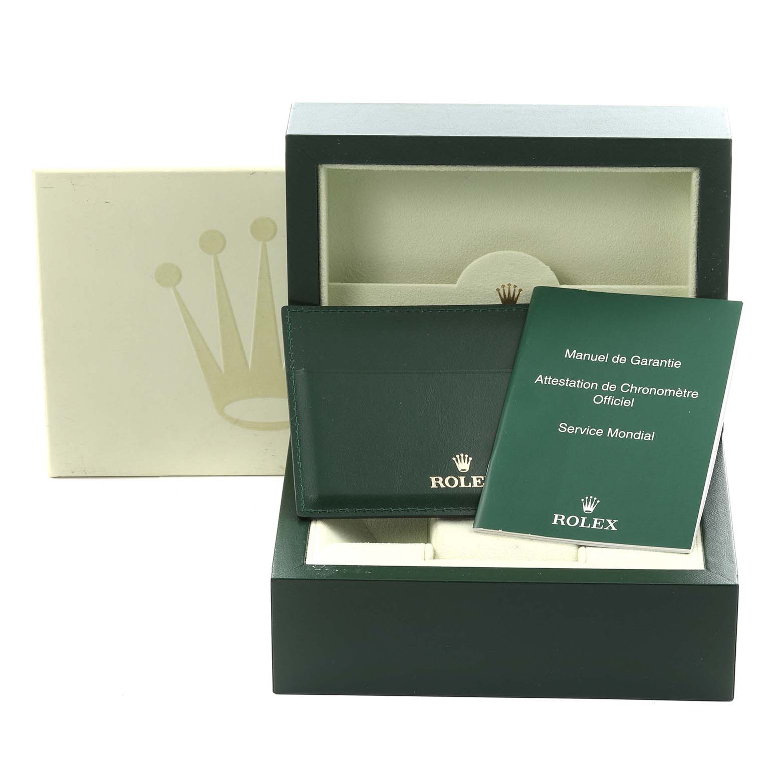 The image shows a Rolex Datejust 116200 Men's Stainless Steel Black Dial 116200 Men's Stainless Steel Black Dial watch box, manual, card holder, and outer packaging.