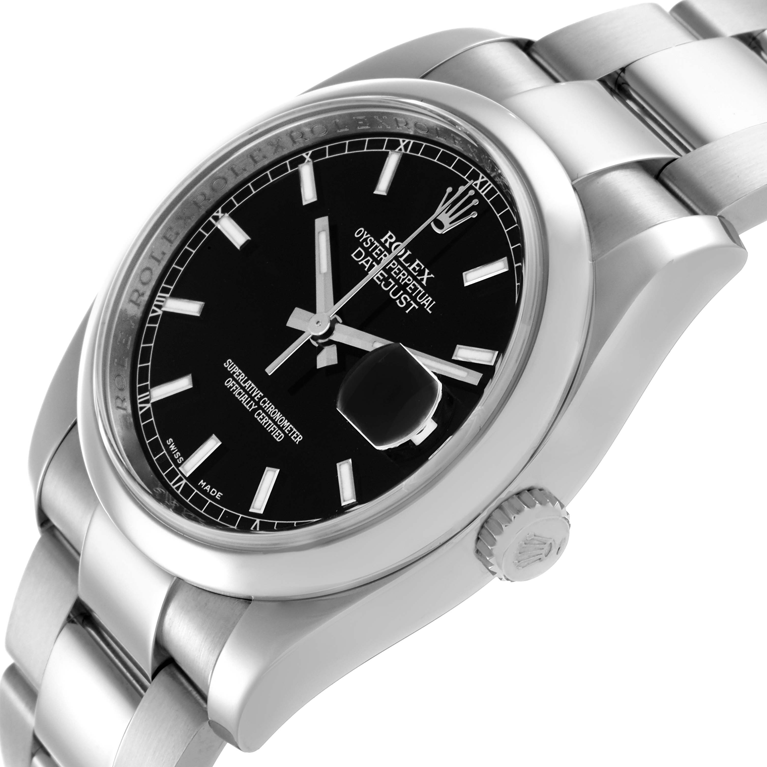 The Rolex Datejust 116200 Men's Stainless Steel Black Dial 116200 Men's Stainless Steel Black Dial watch is shown at an angled view, highlighting the face, bezel, bracelet, and crown.