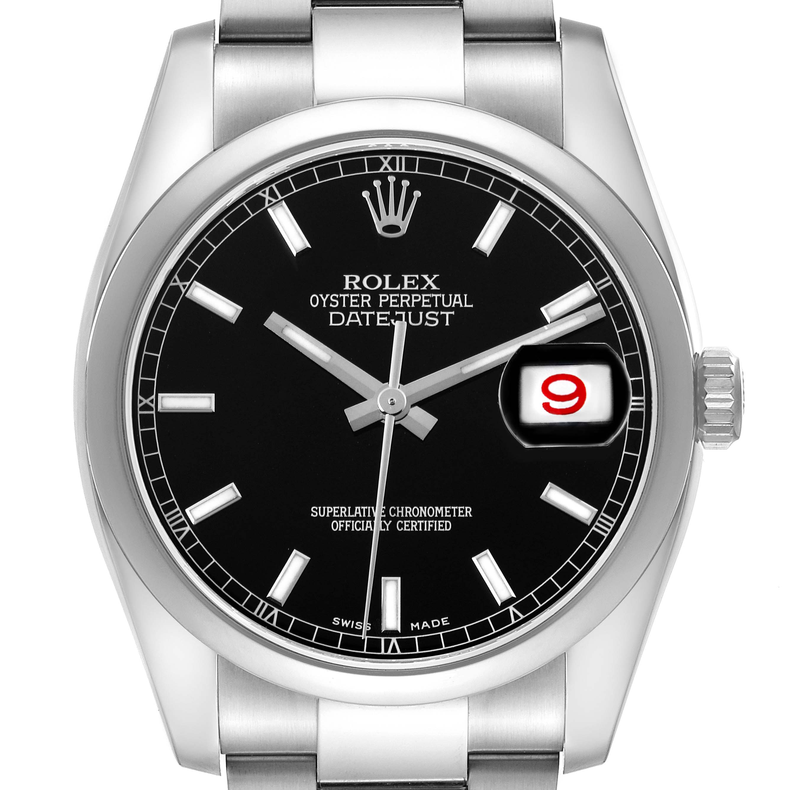 The Rolex Datejust 116200 Men's Stainless Steel Black Dial 116200 Men's Stainless Steel Black Dial watch is shown from a front angle, displaying the face, bezel, crown, and part of the bracelet.