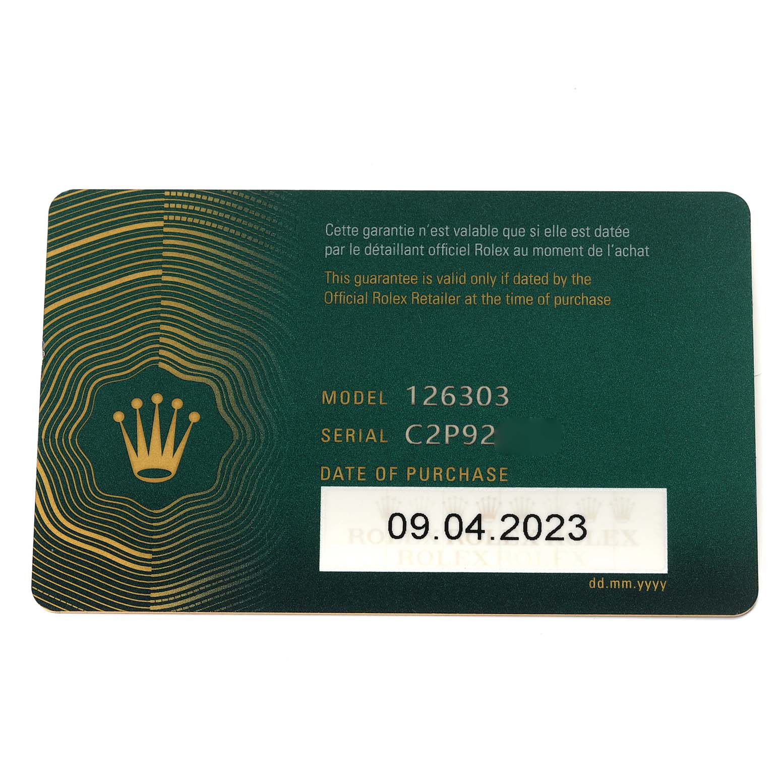 The image shows the warranty card for the Rolex Datejust 41 126303 Men's Steel and Gold (two tone) Grey Dial 126303 Men's Steel and Gold (two tone) Grey Dial model.